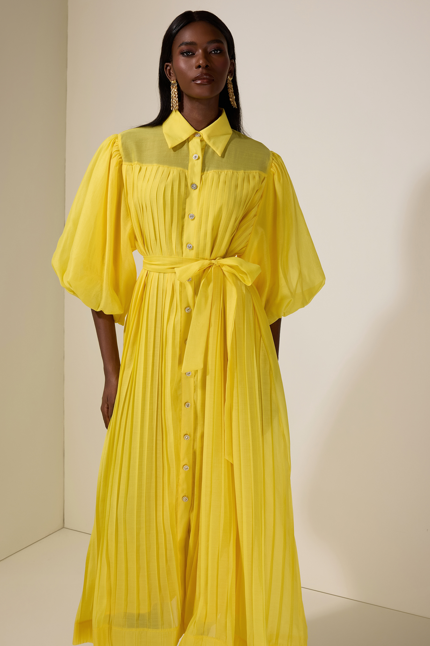 Chiffon Pleated Puff Sleeve Midi Dress