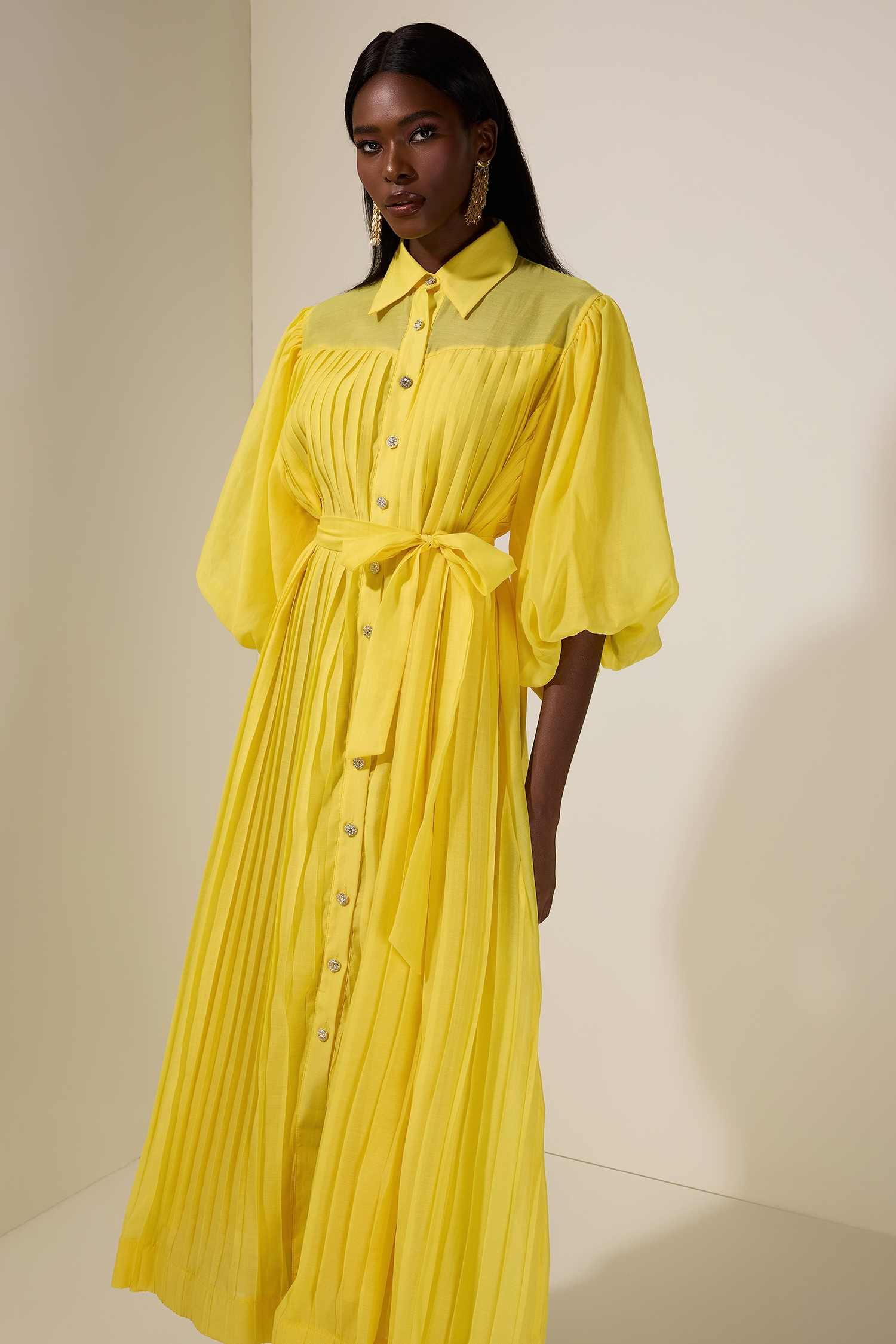 Chiffon Pleated Puff Sleeve Midi Dress