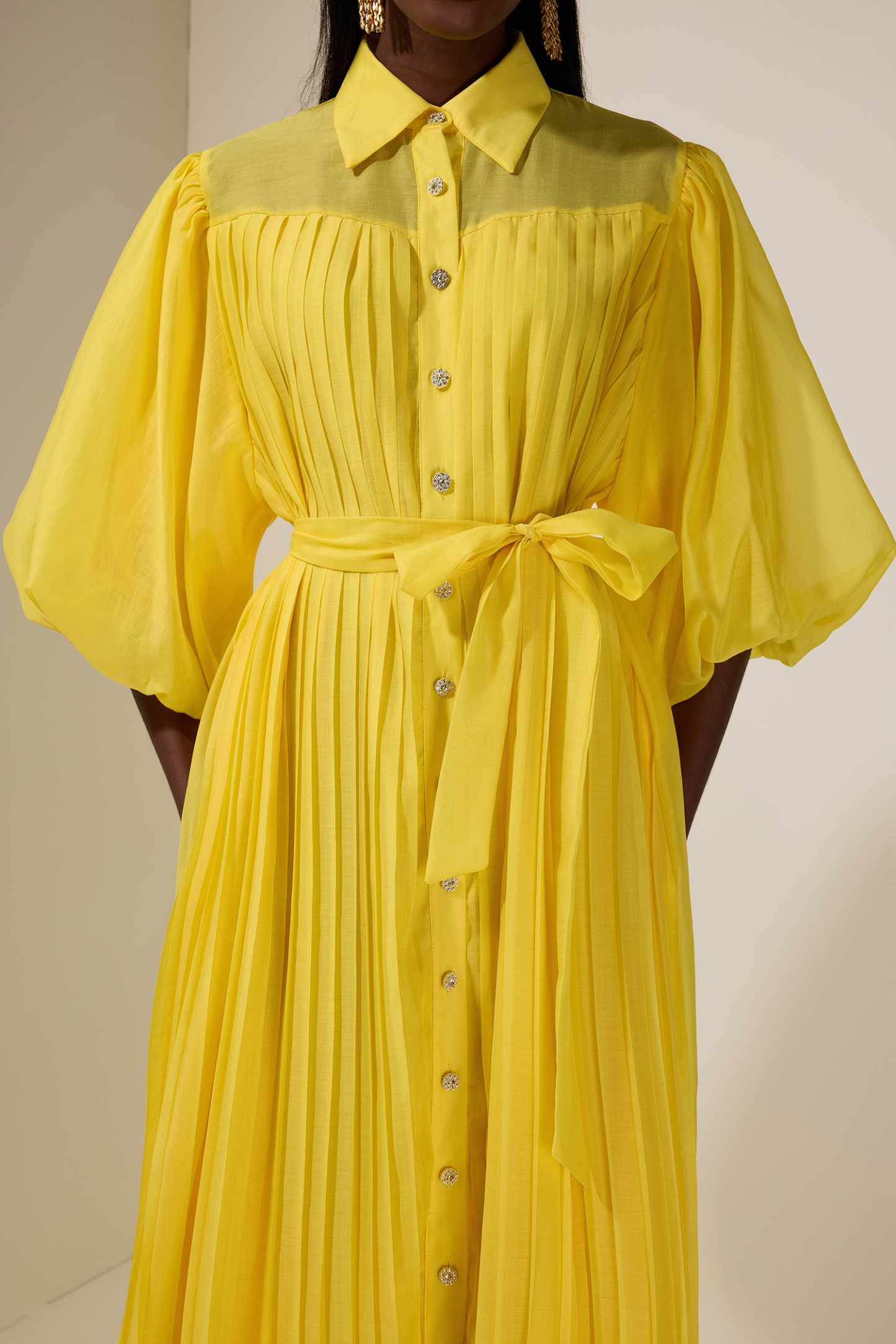 Chiffon Pleated Puff Sleeve Midi Dress