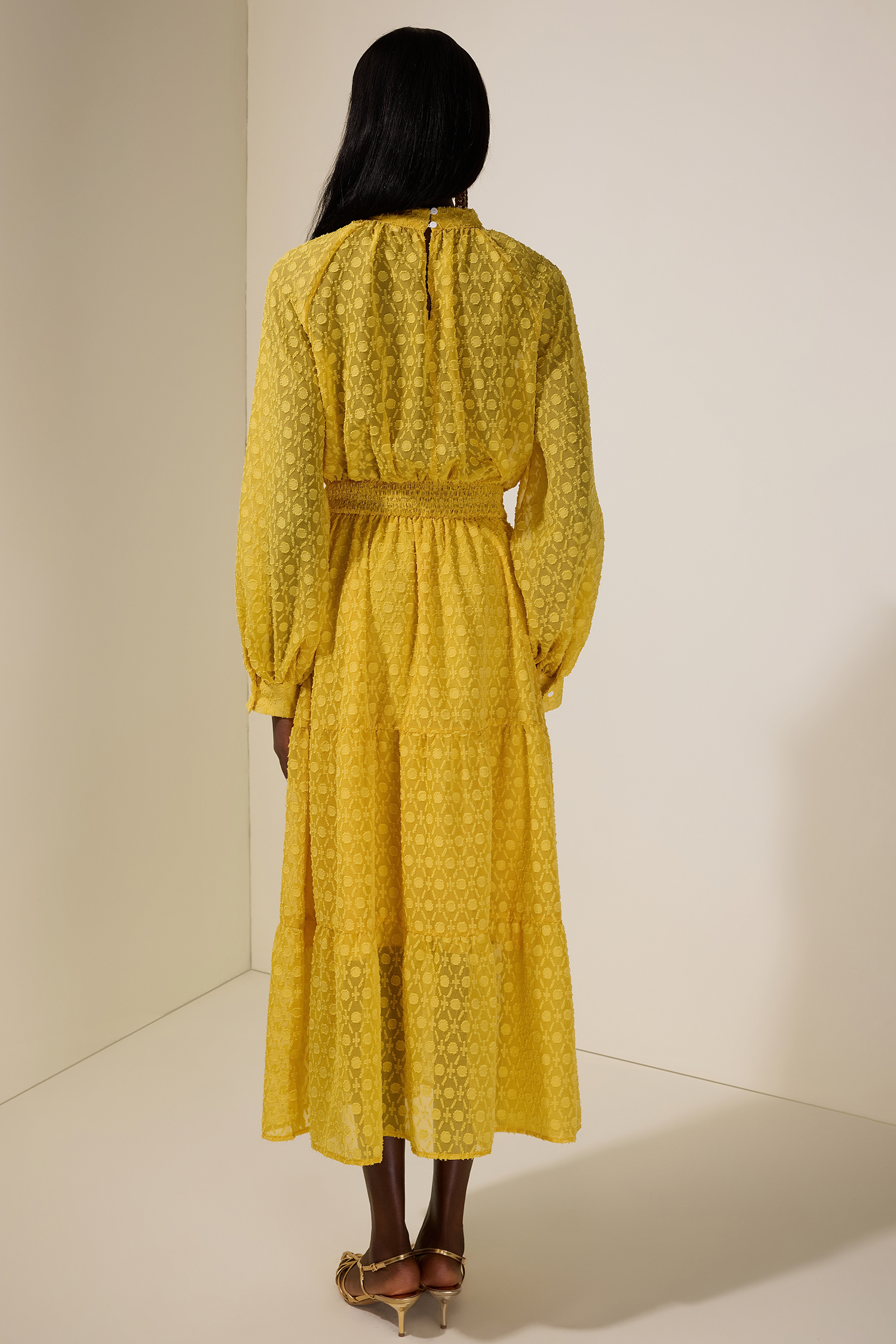 Jacquard Cut-Out Smocking Midi Dress