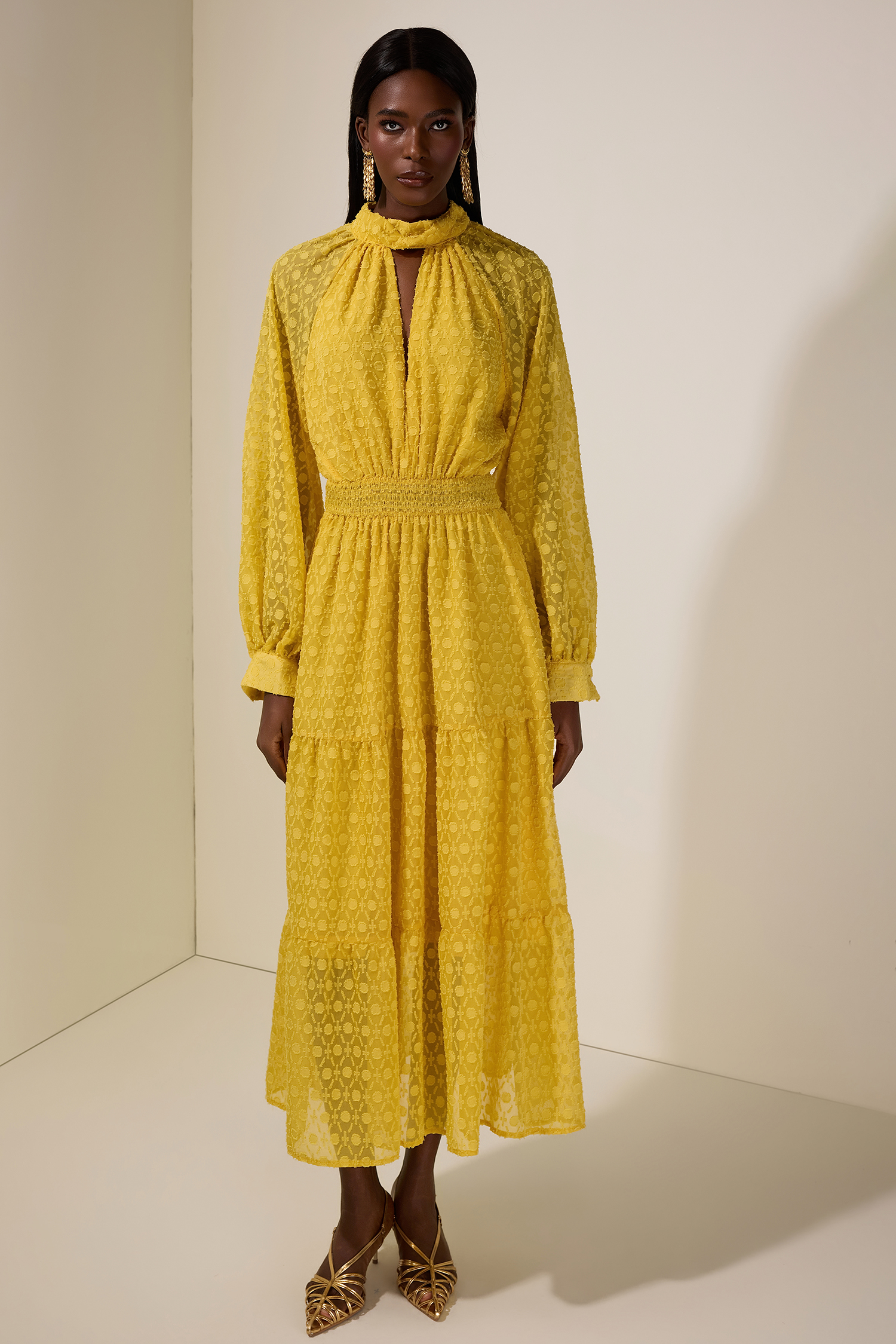 Jacquard Cut-Out Smocking Midi Dress