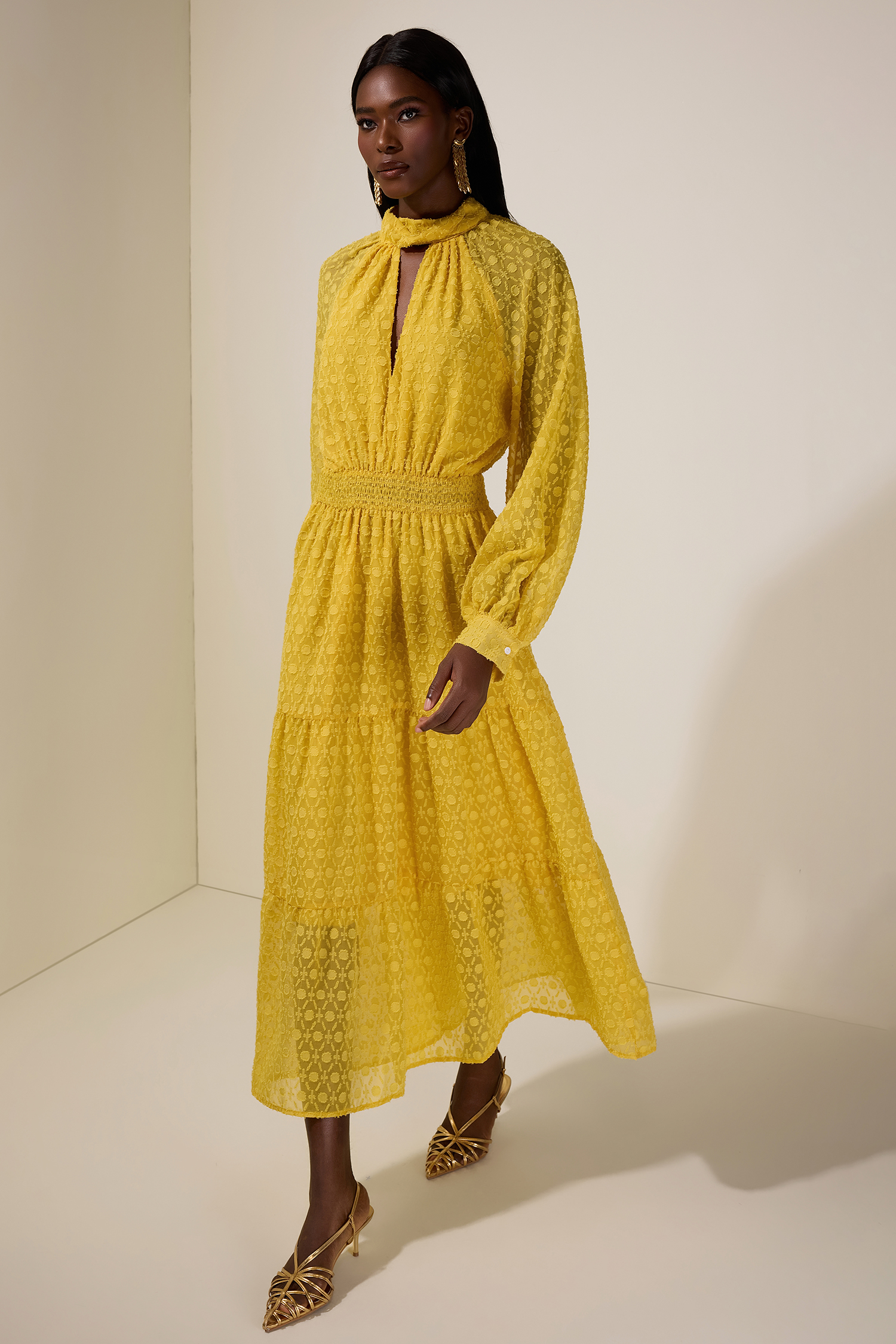 Jacquard Cut-Out Smocking Midi Dress