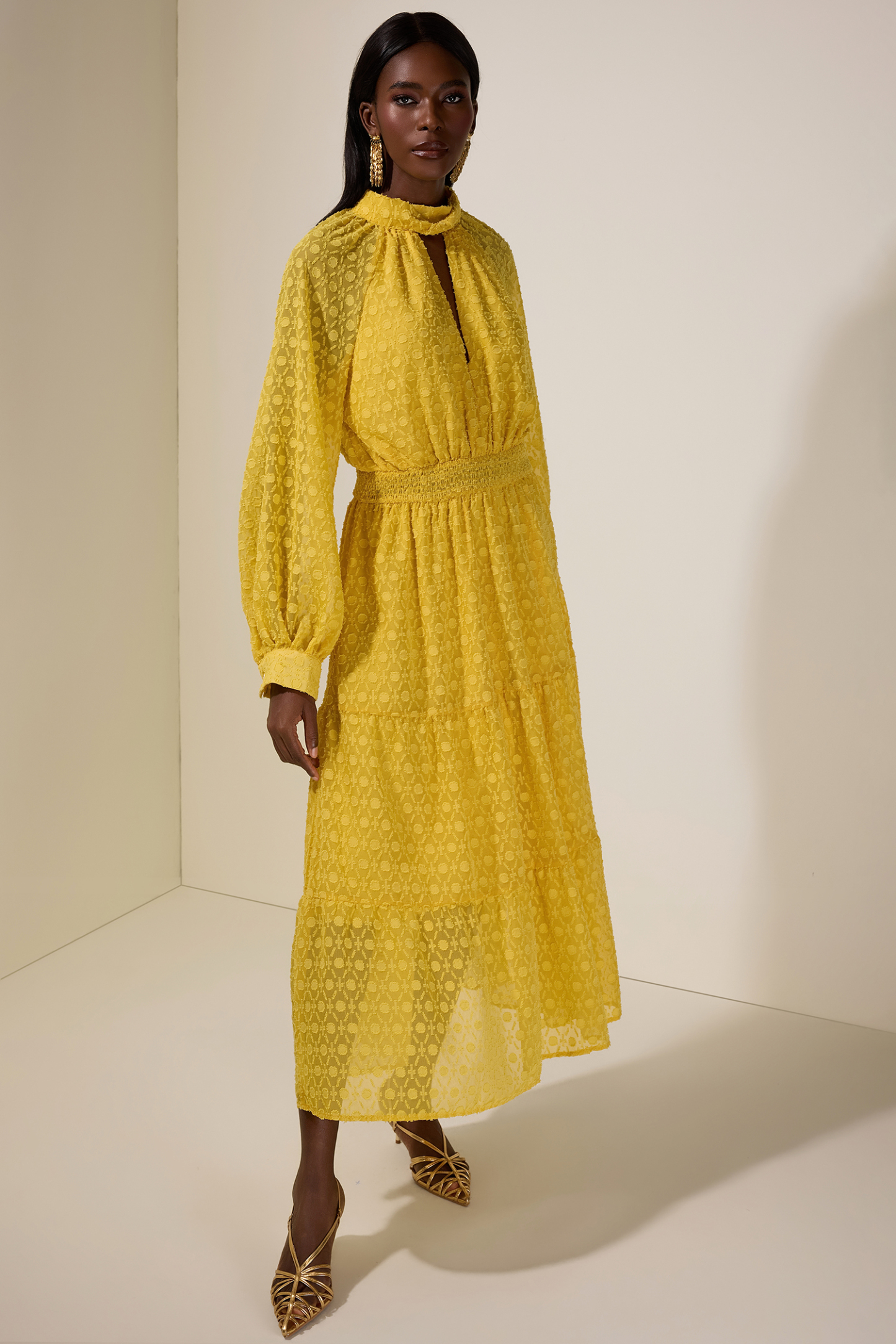 Jacquard Cut-Out Smocking Midi Dress