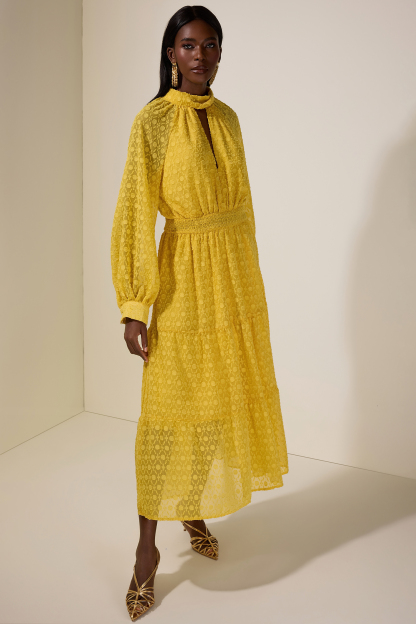 Jacquard Cut-Out Smocking Midi Dress