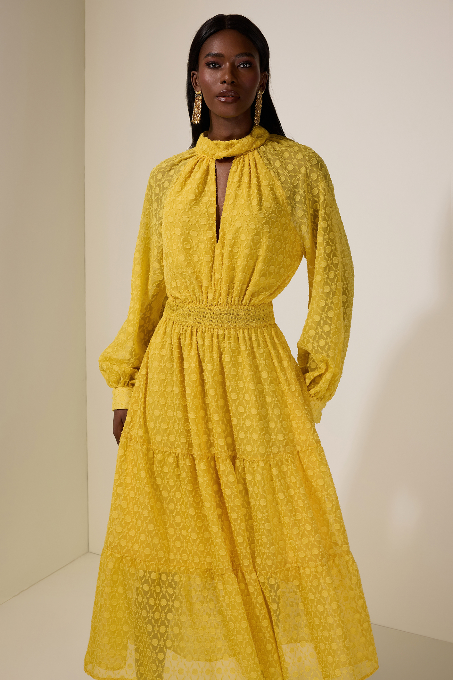 Jacquard Cut-Out Smocking Midi Dress