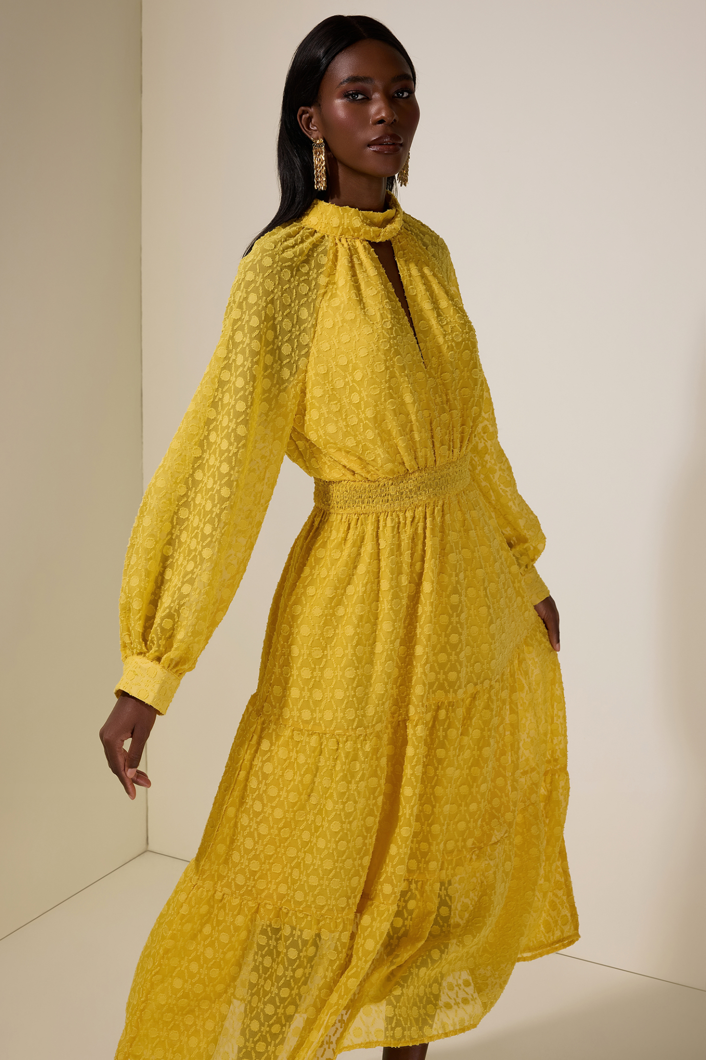 Jacquard Cut-Out Smocking Midi Dress