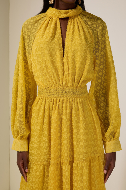 Jacquard Cut-Out Smocking Midi Dress