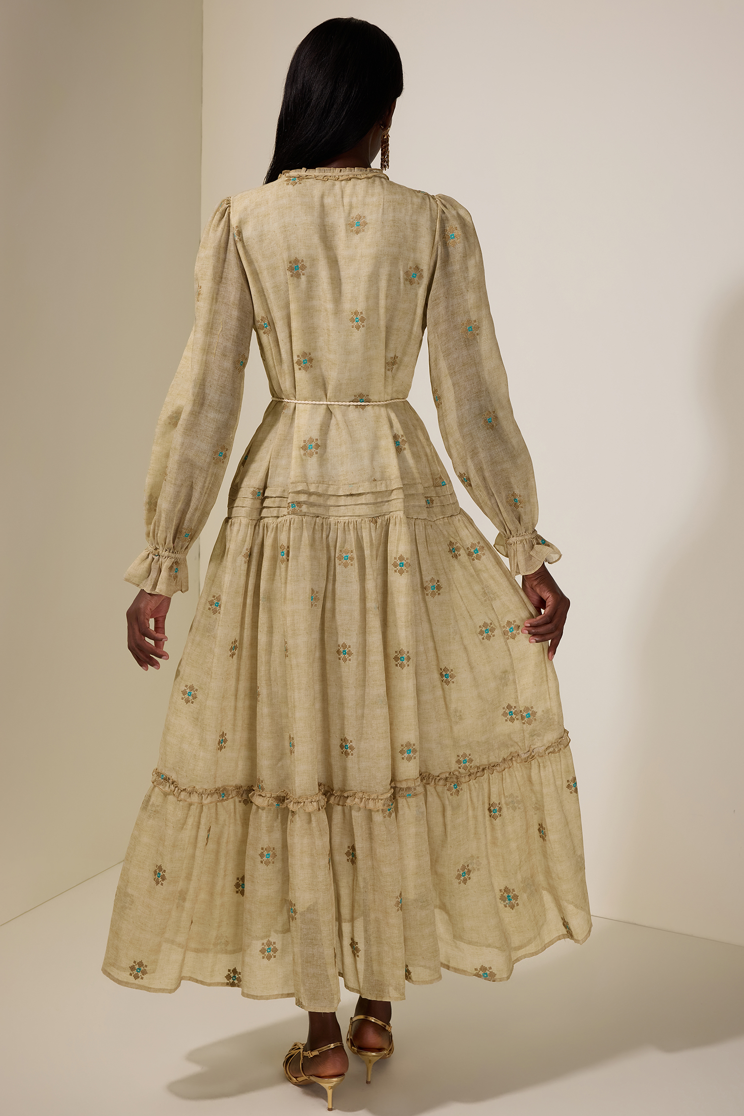 Embroidered Frill Tie-Up Midi Dress With Belt