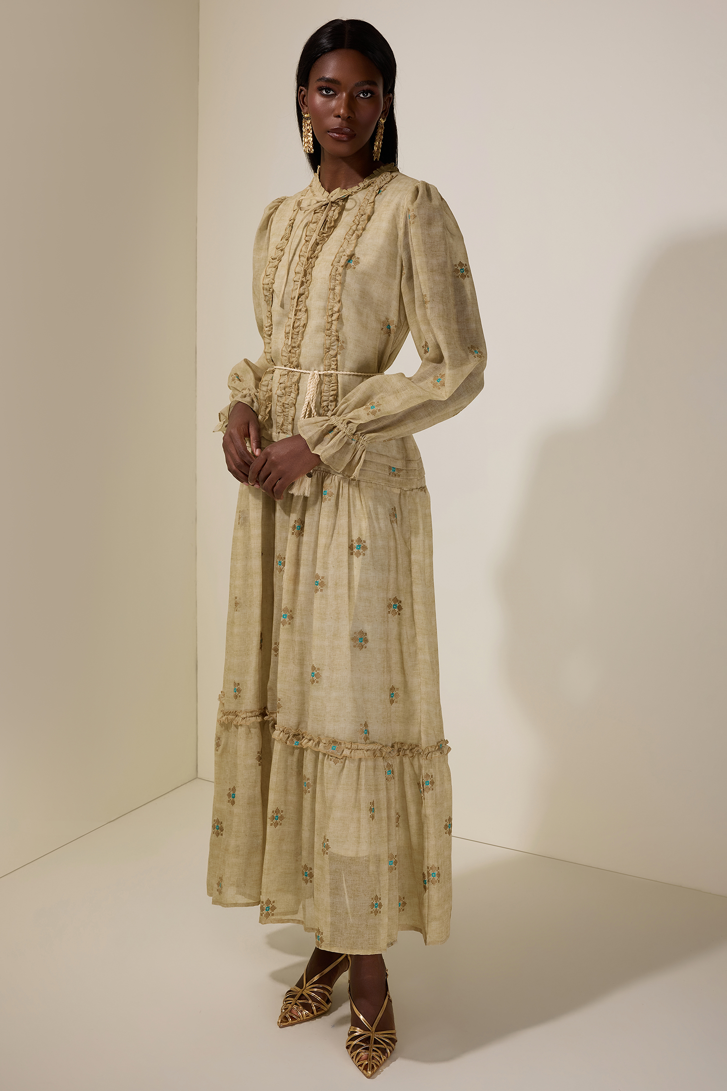 Embroidered Frill Tie-Up Midi Dress With Belt