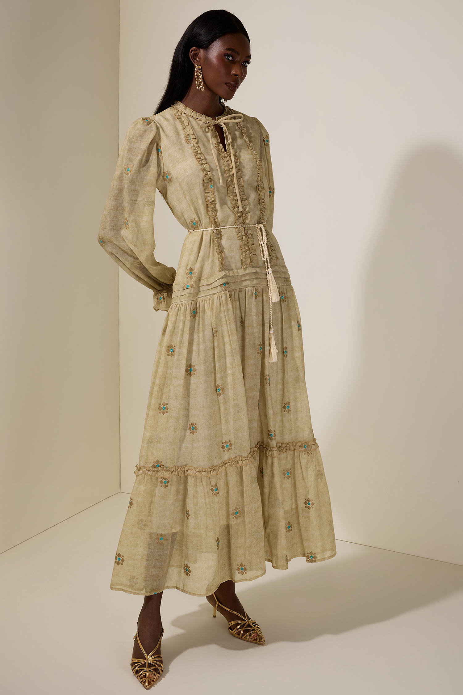 Embroidered Frill Tie-Up Midi Dress With Belt