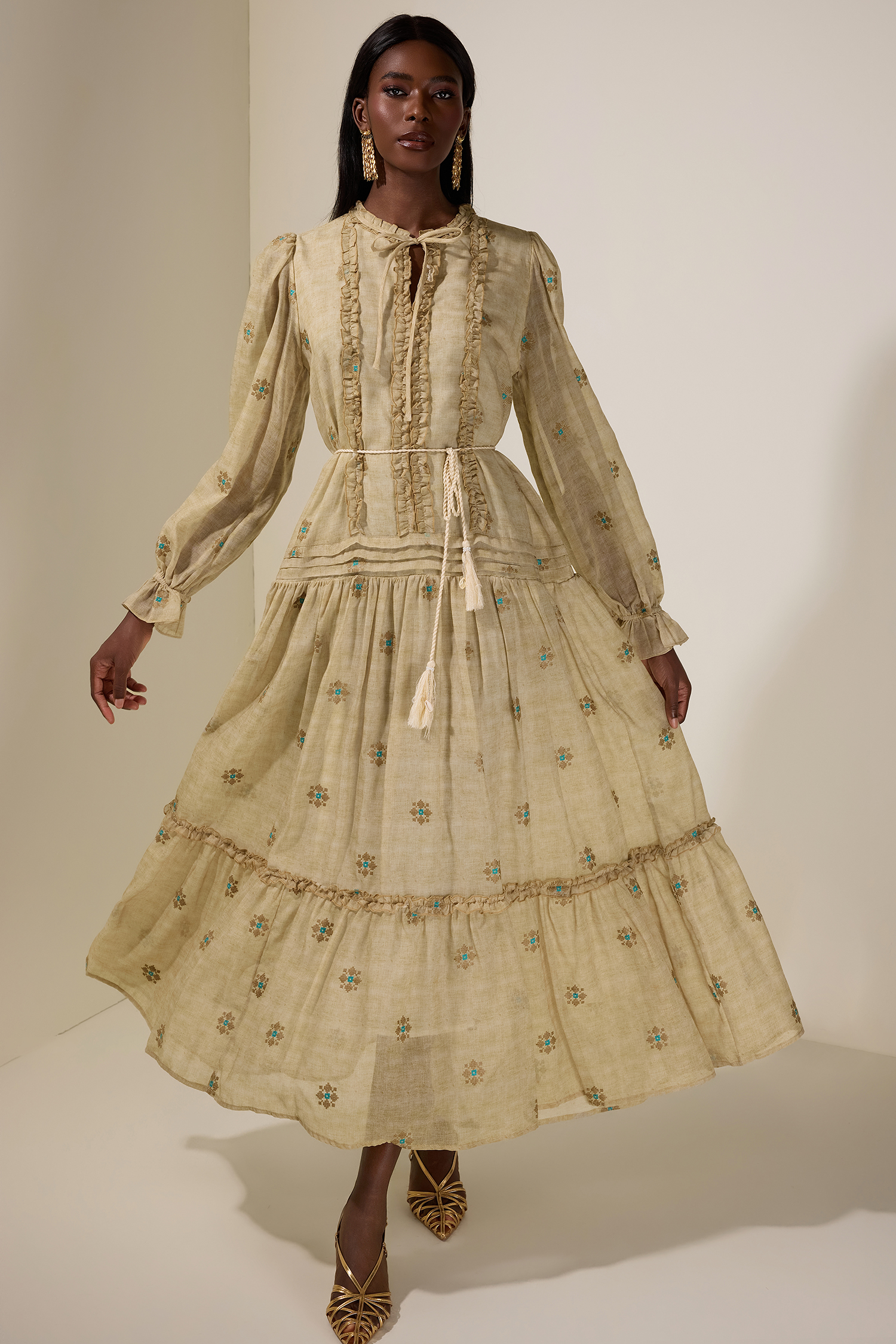 Embroidered Frill Tie-Up Midi Dress With Belt