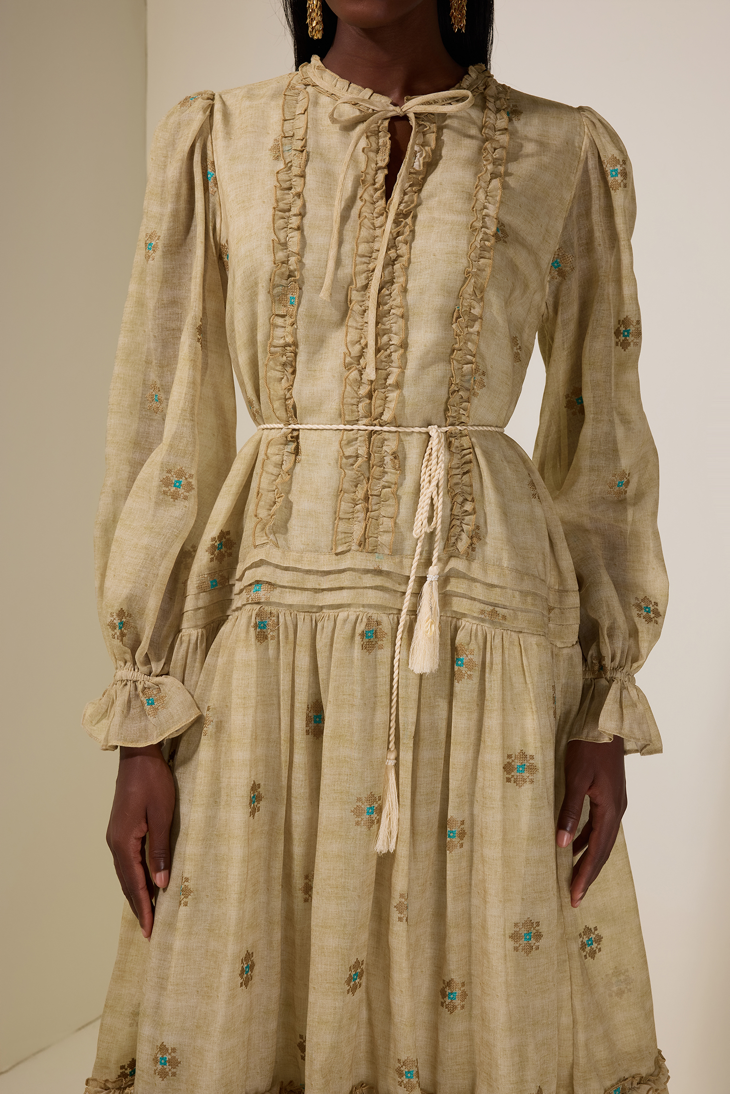 Embroidered Frill Tie-Up Midi Dress With Belt