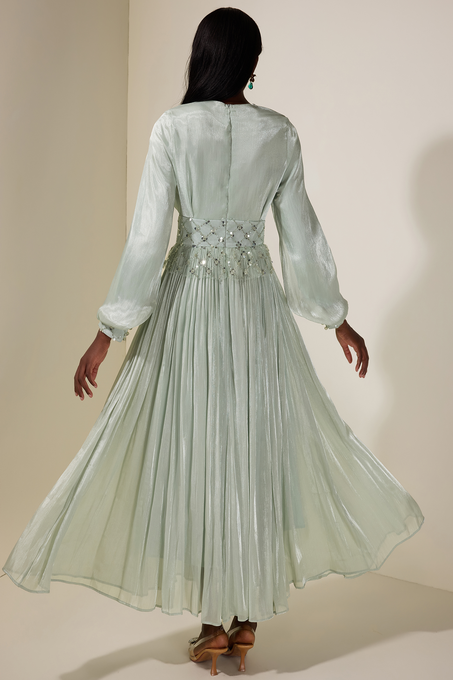 Beaded Round Neck Lantern Sleeve Midi Dress