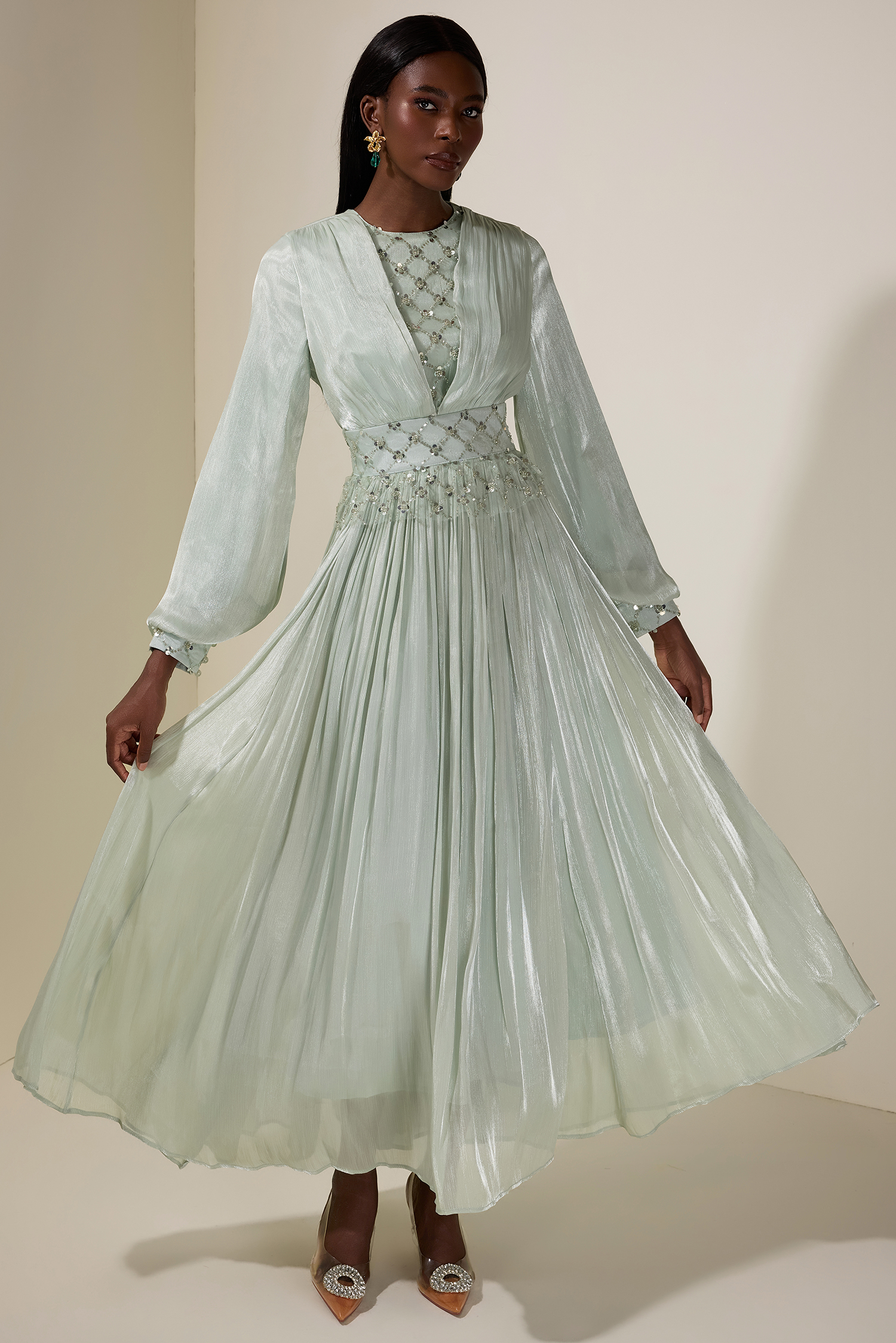 Beaded Round Neck Lantern Sleeve Midi Dress