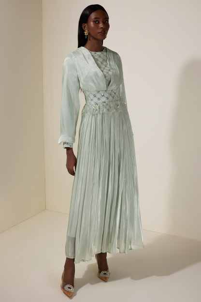 Beaded Round Neck Lantern Sleeve Midi Dress