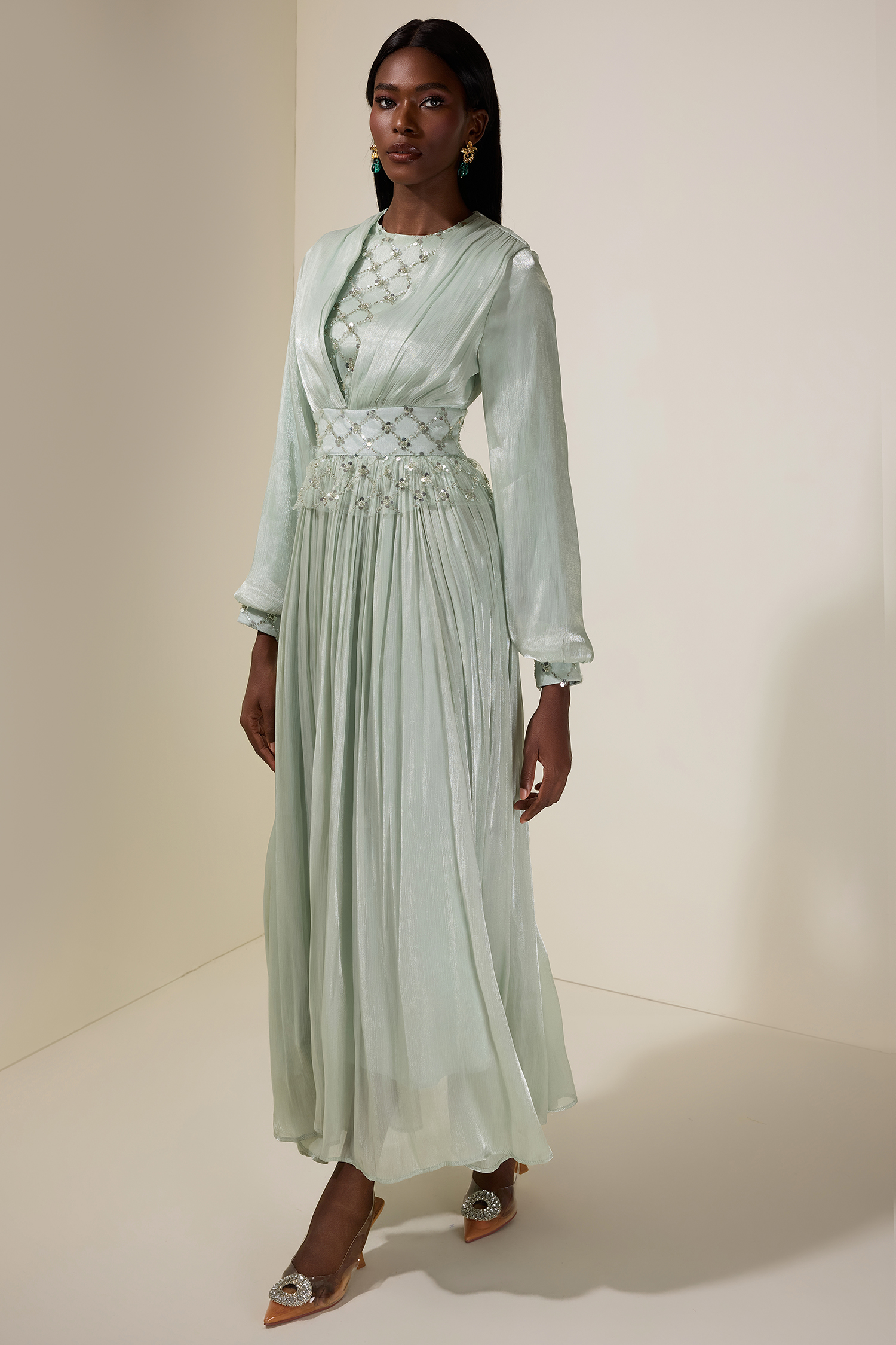 Beaded Round Neck Lantern Sleeve Midi Dress