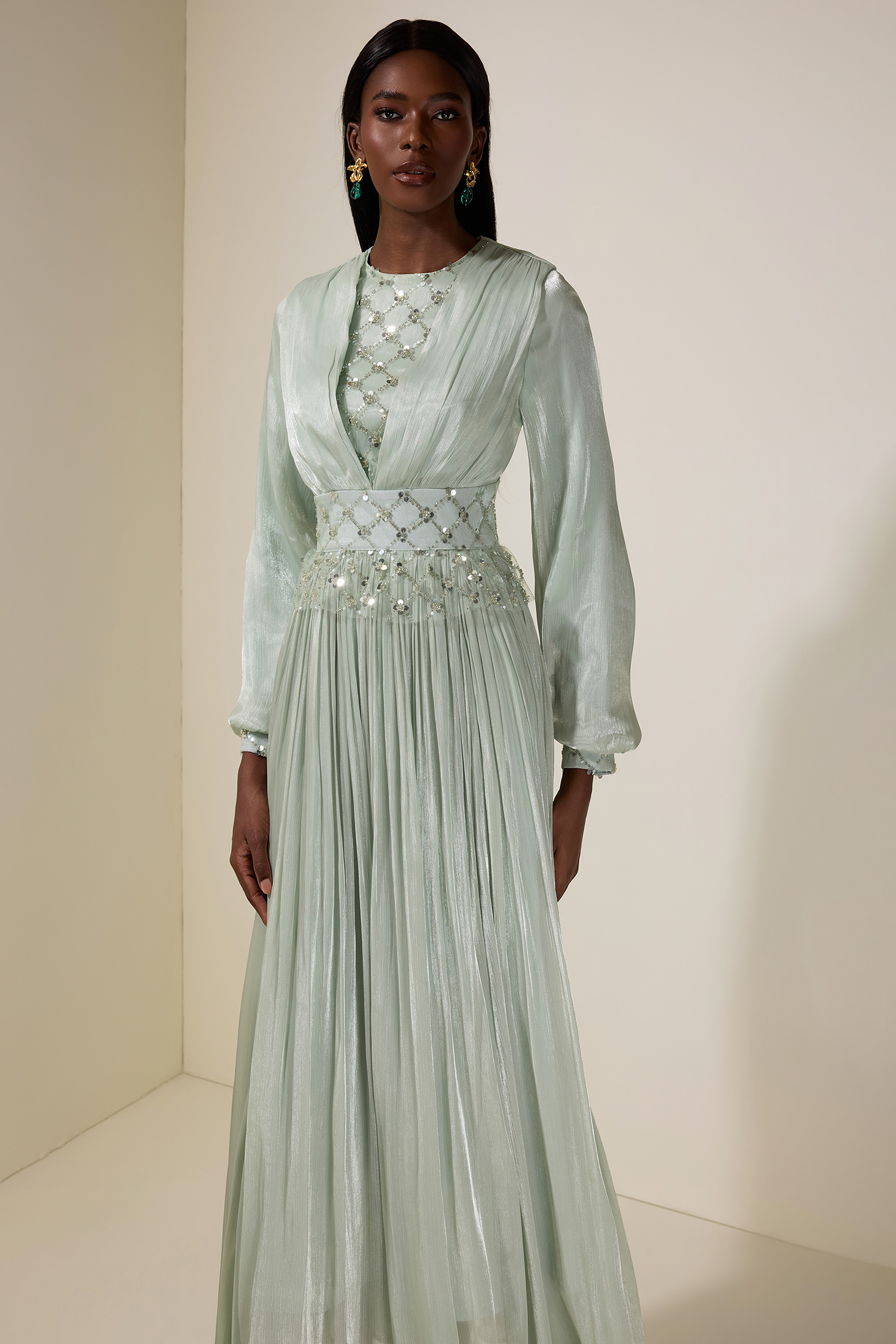 Beaded Round Neck Lantern Sleeve Midi Dress