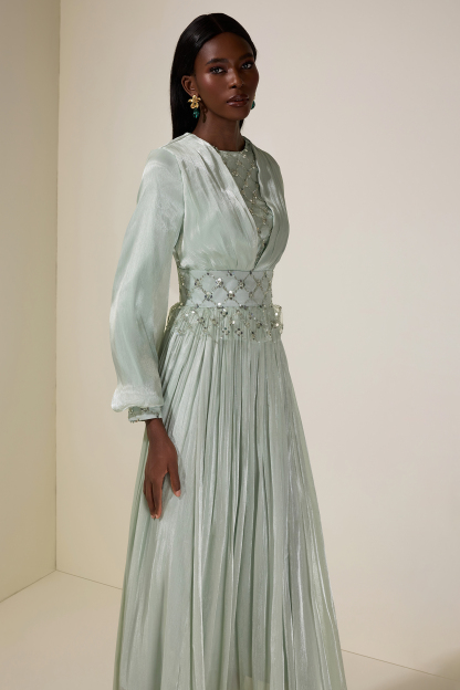 Beaded Round Neck Lantern Sleeve Midi Dress