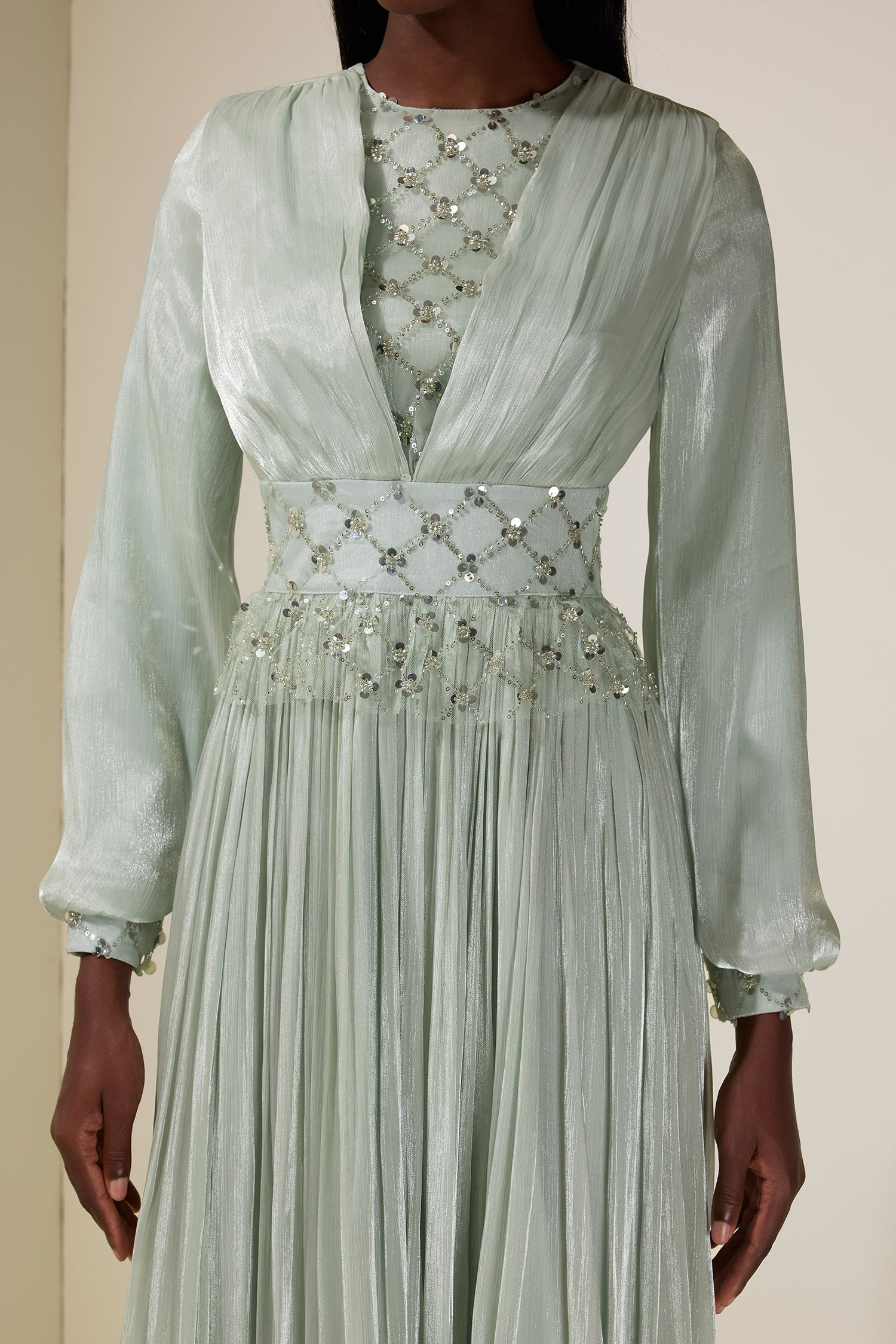 Beaded Round Neck Lantern Sleeve Midi Dress