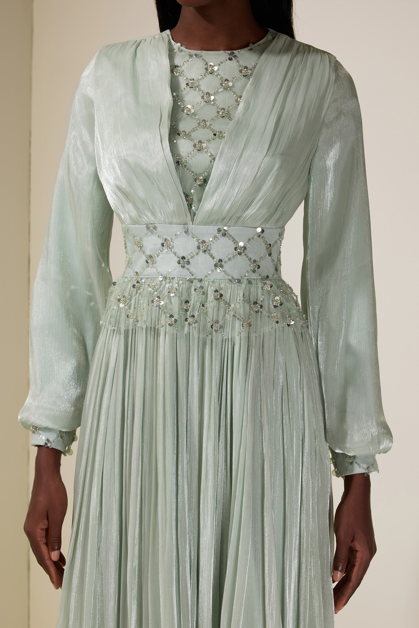 Beaded Round Neck Lantern Sleeve Midi Dress