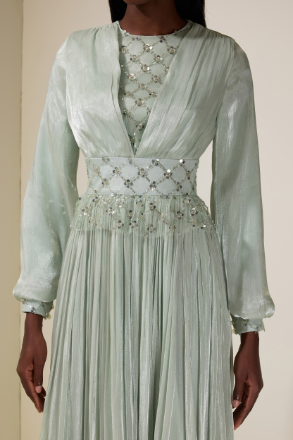 Beaded Round Neck Lantern Sleeve Midi Dress