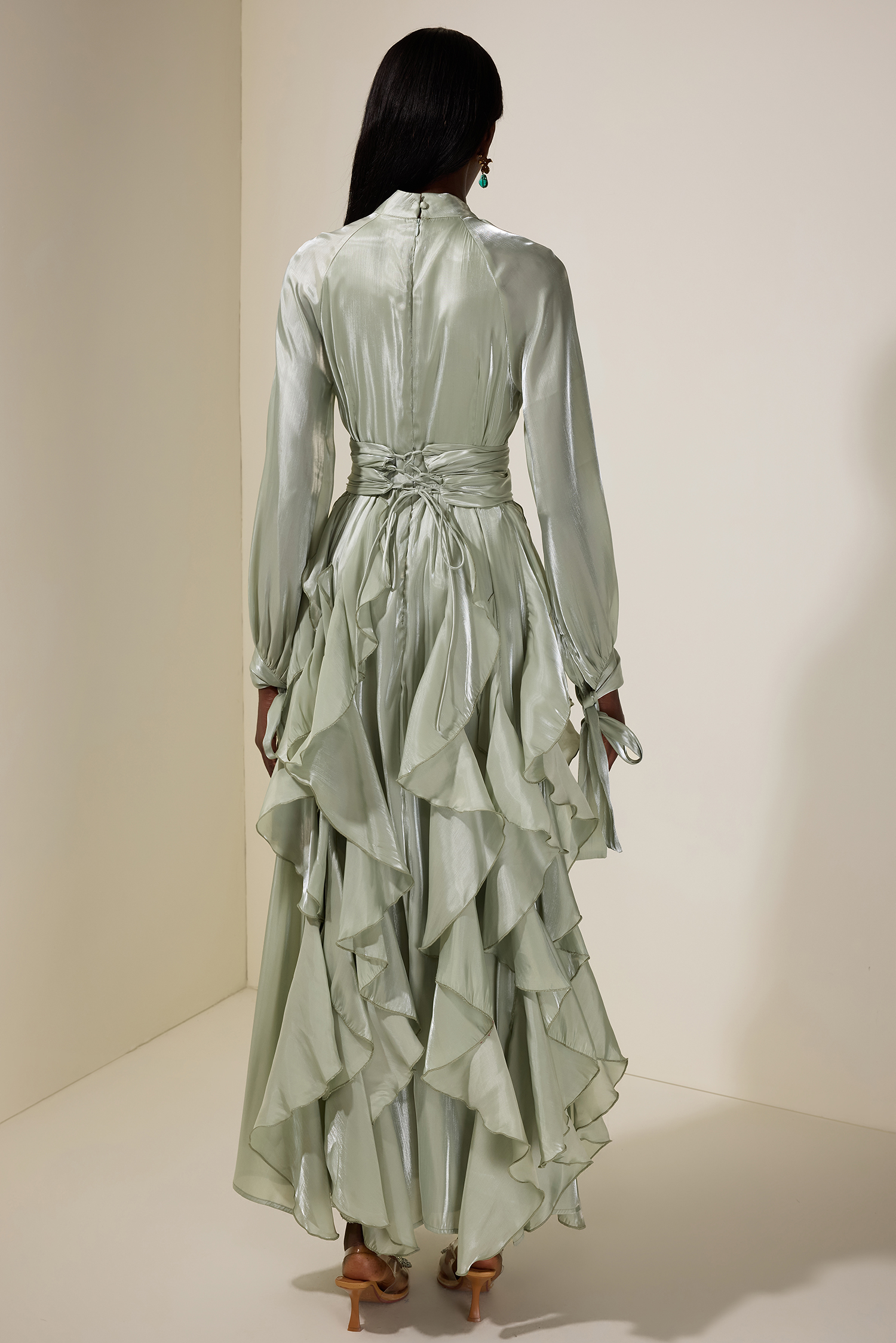 Satin Ruffle Maxi Dress With Belt