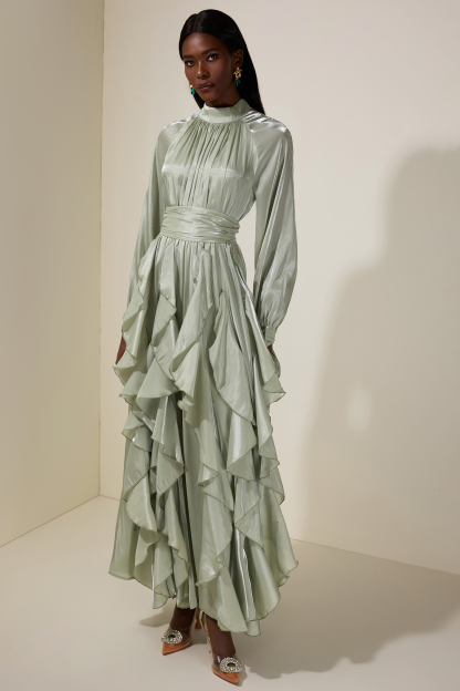 Satin Ruffle Maxi Dress With Belt