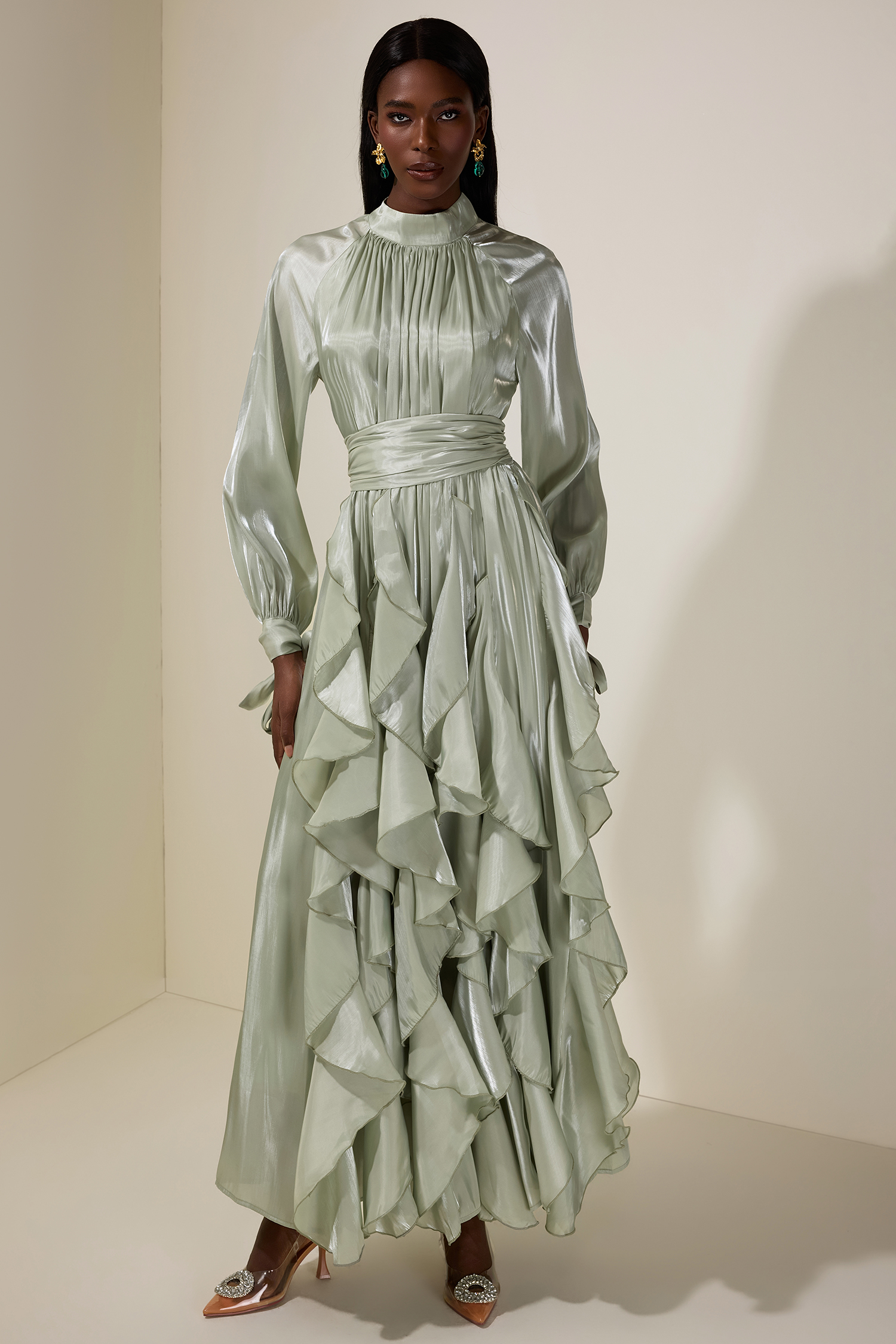 Satin Ruffle Maxi Dress With Belt