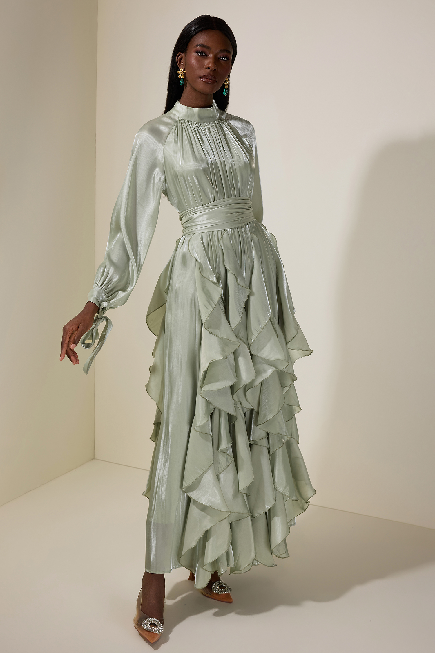 Satin Ruffle Maxi Dress With Belt