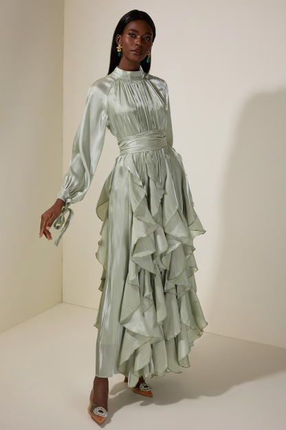 Satin Ruffle Maxi Dress With Belt