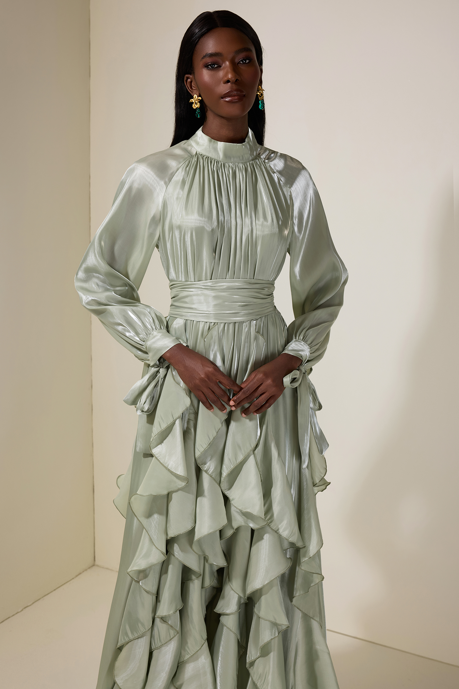 Satin Ruffle Maxi Dress With Belt