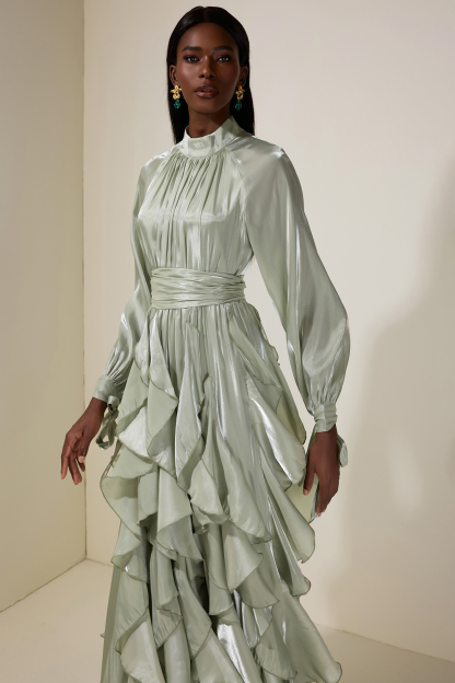 Satin Ruffle Maxi Dress With Belt