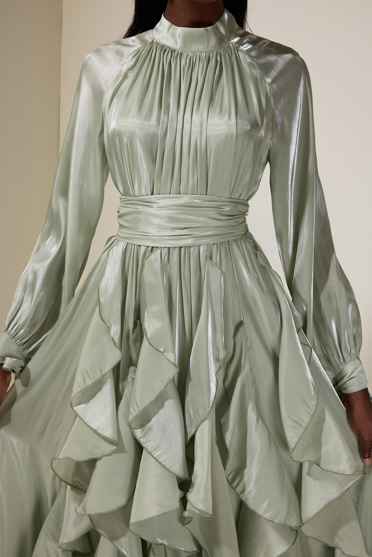 Satin Ruffle Maxi Dress With Belt