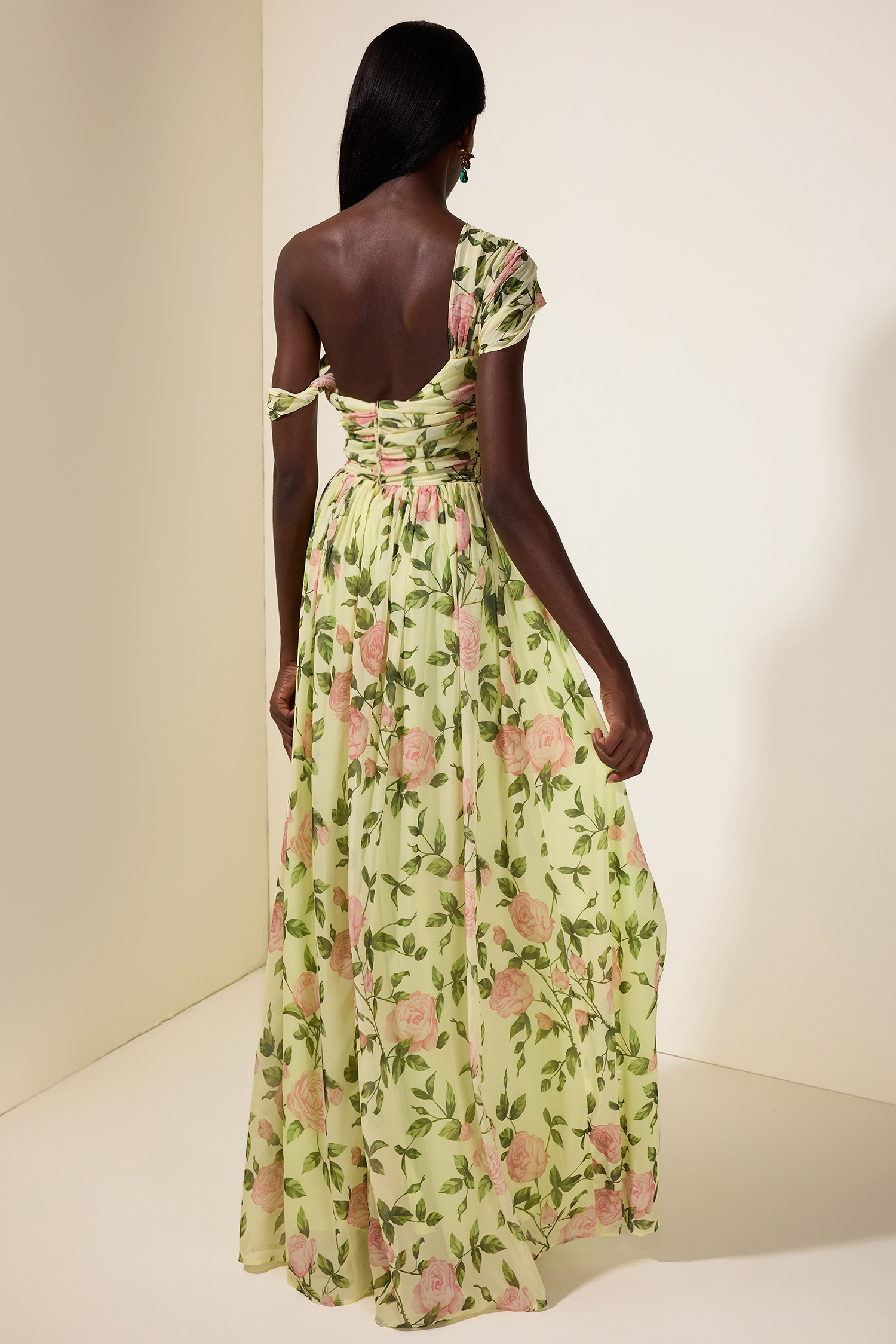 Floral Skew Collar Chiffon Maxi Dress