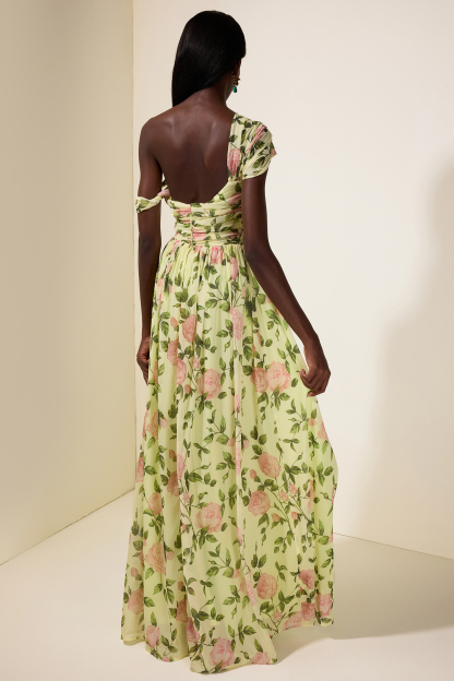Floral Skew Collar Chiffon Maxi Dress