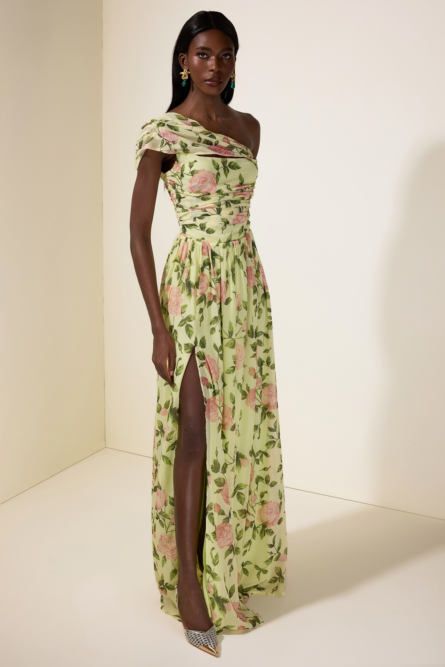 Floral Skew Collar Chiffon Maxi Dress