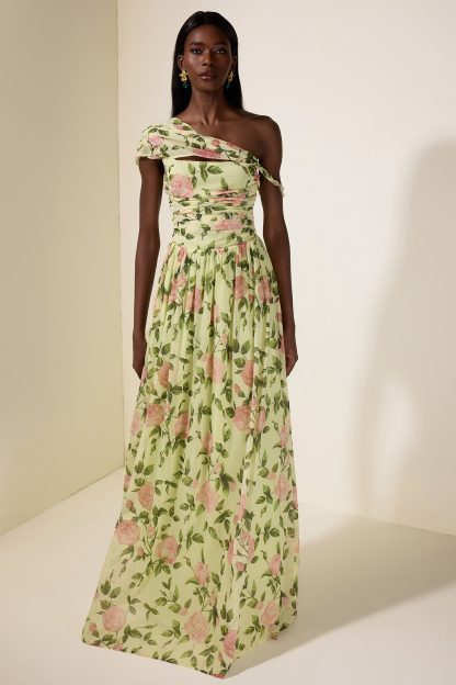 Floral Skew Collar Chiffon Maxi Dress