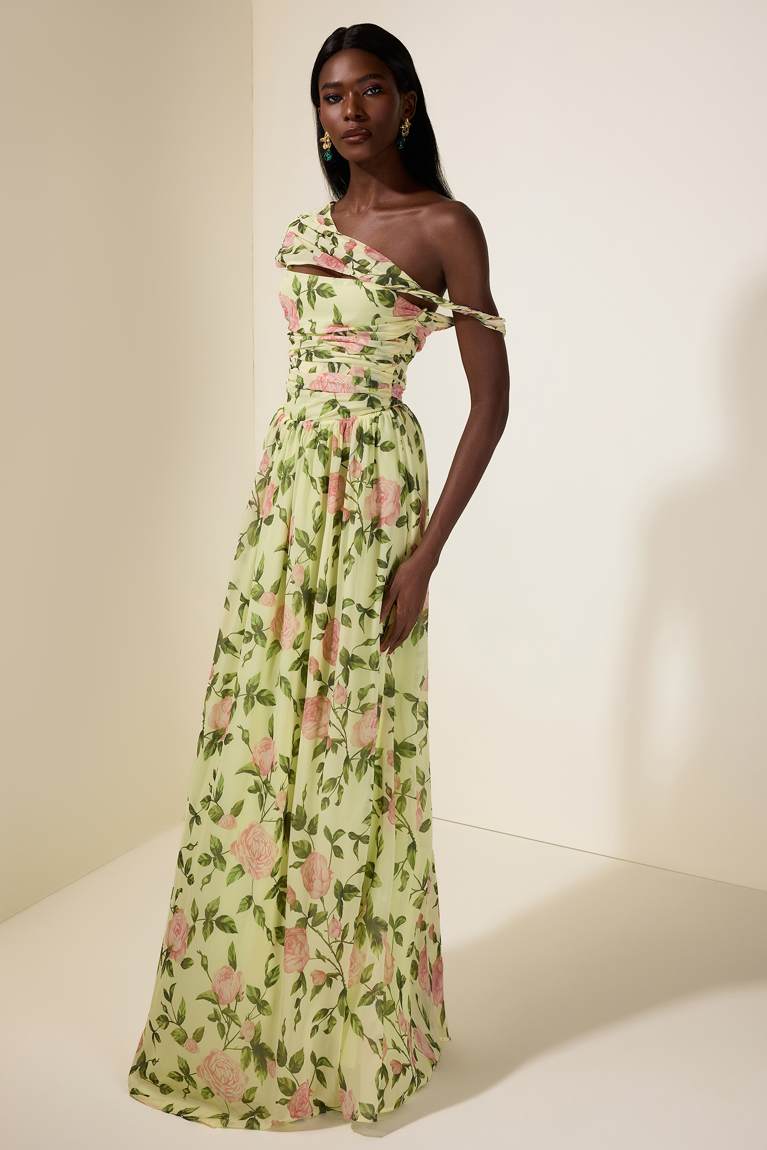 Floral Skew Collar Chiffon Maxi Dress
