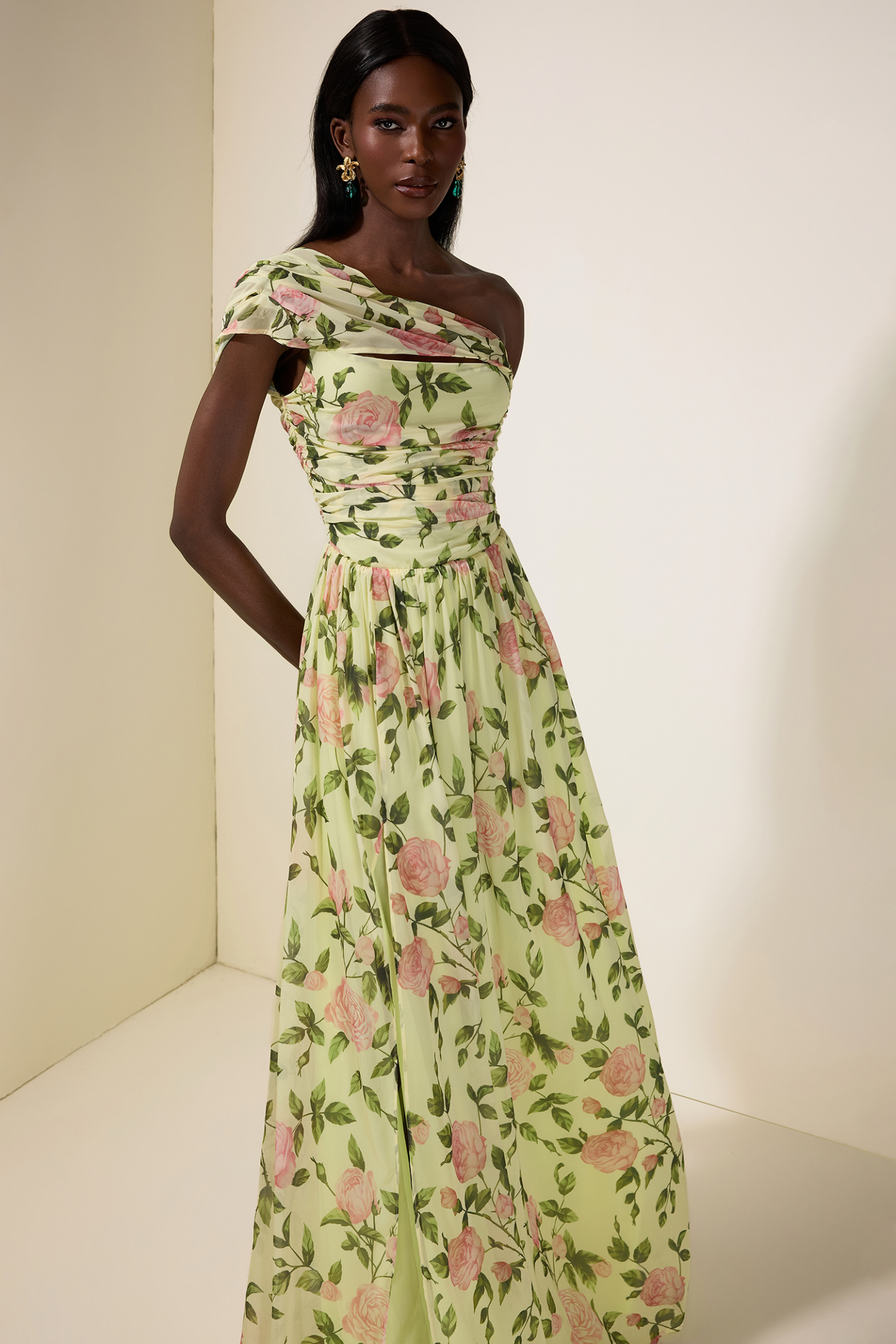 Floral Skew Collar Chiffon Maxi Dress