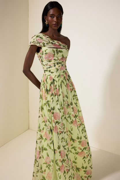 Floral Skew Collar Chiffon Maxi Dress