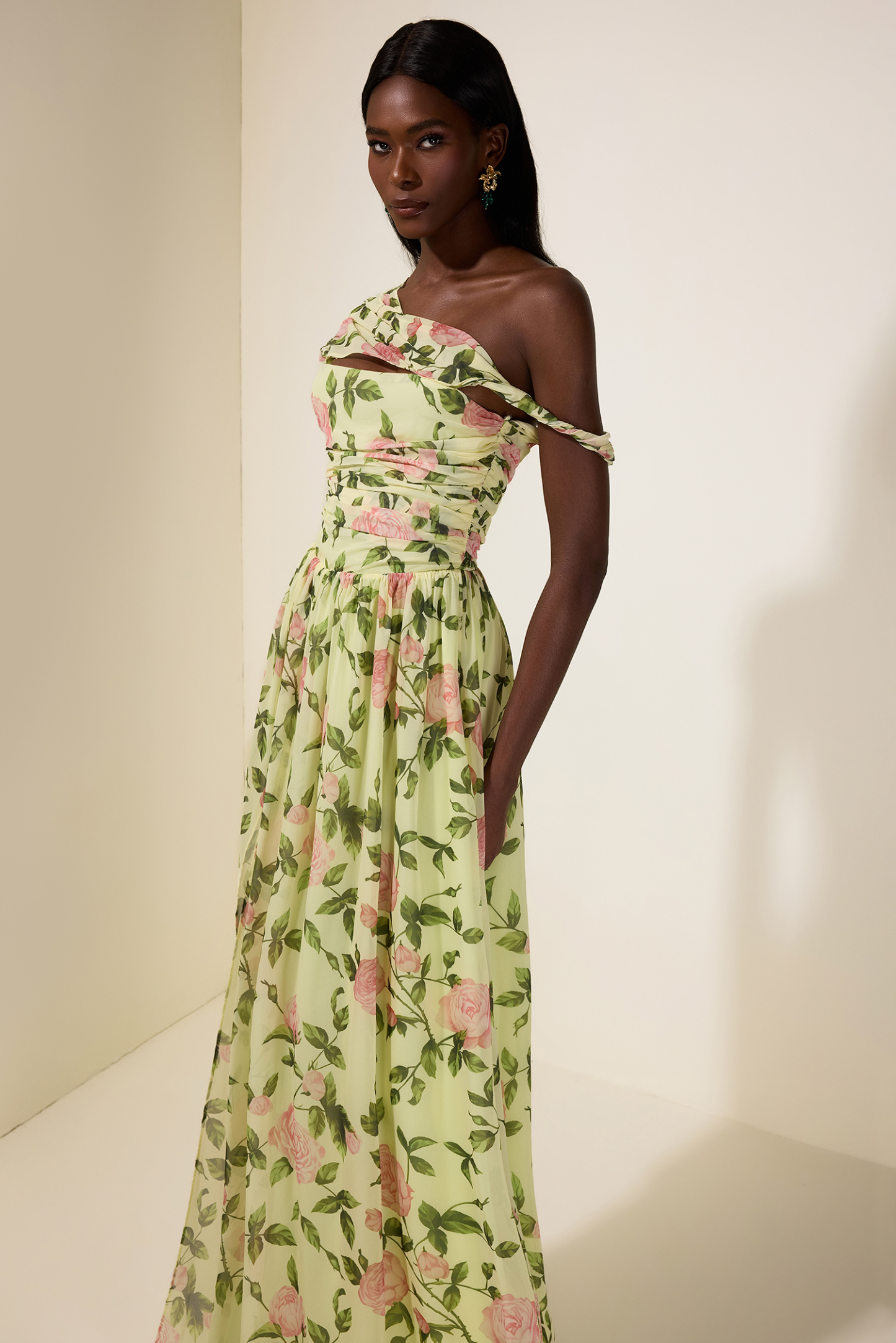 Floral Skew Collar Chiffon Maxi Dress
