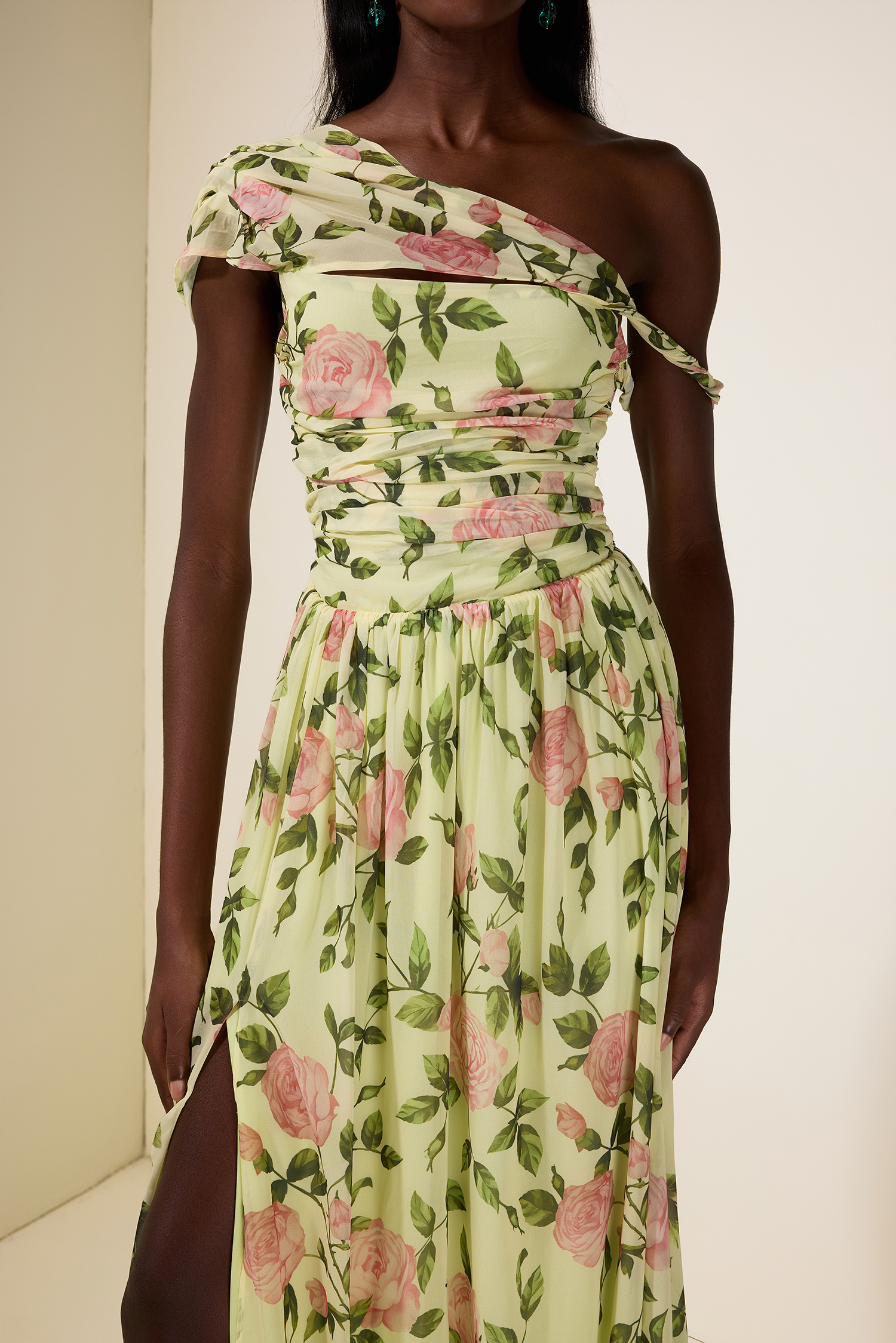 Floral Skew Collar Chiffon Maxi Dress