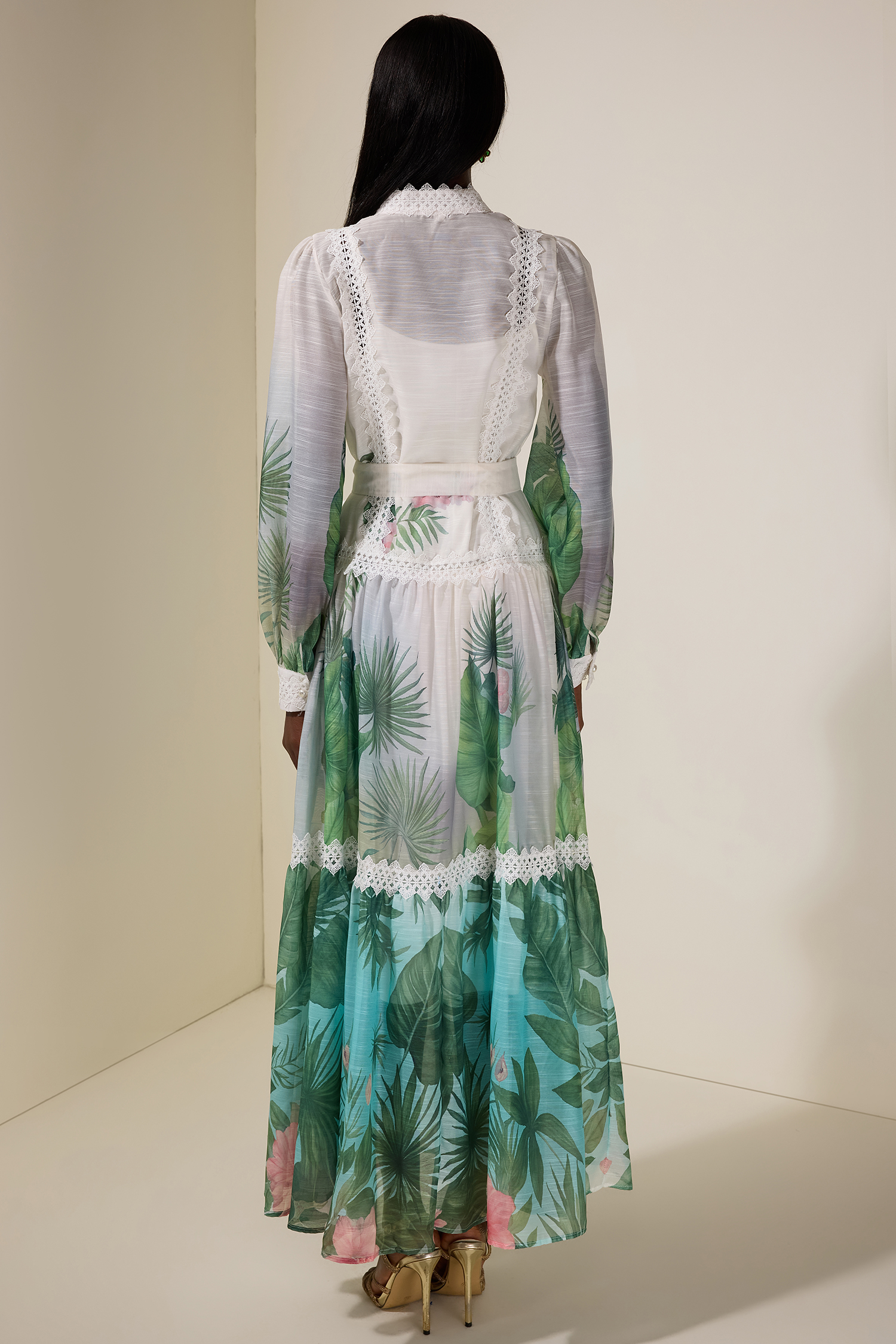 Botanical Print Single Breasted Maxi Dress With Belt