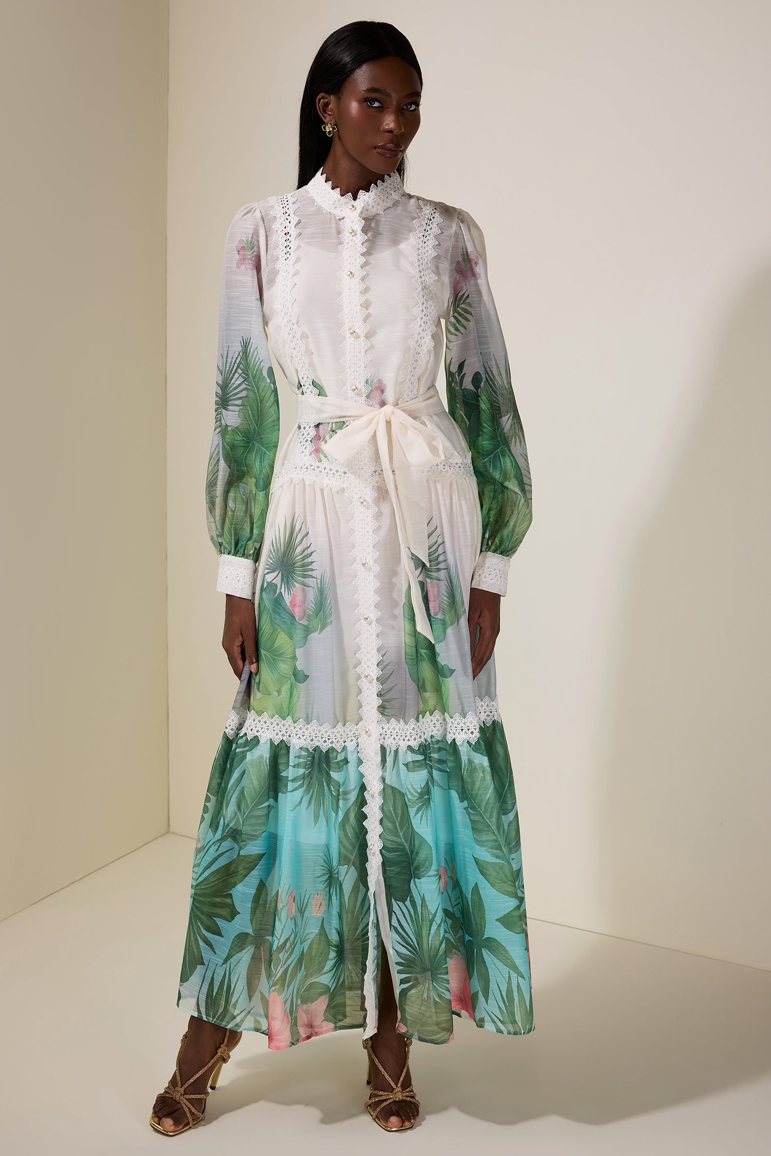 Botanical Print Single Breasted Maxi Dress With Belt