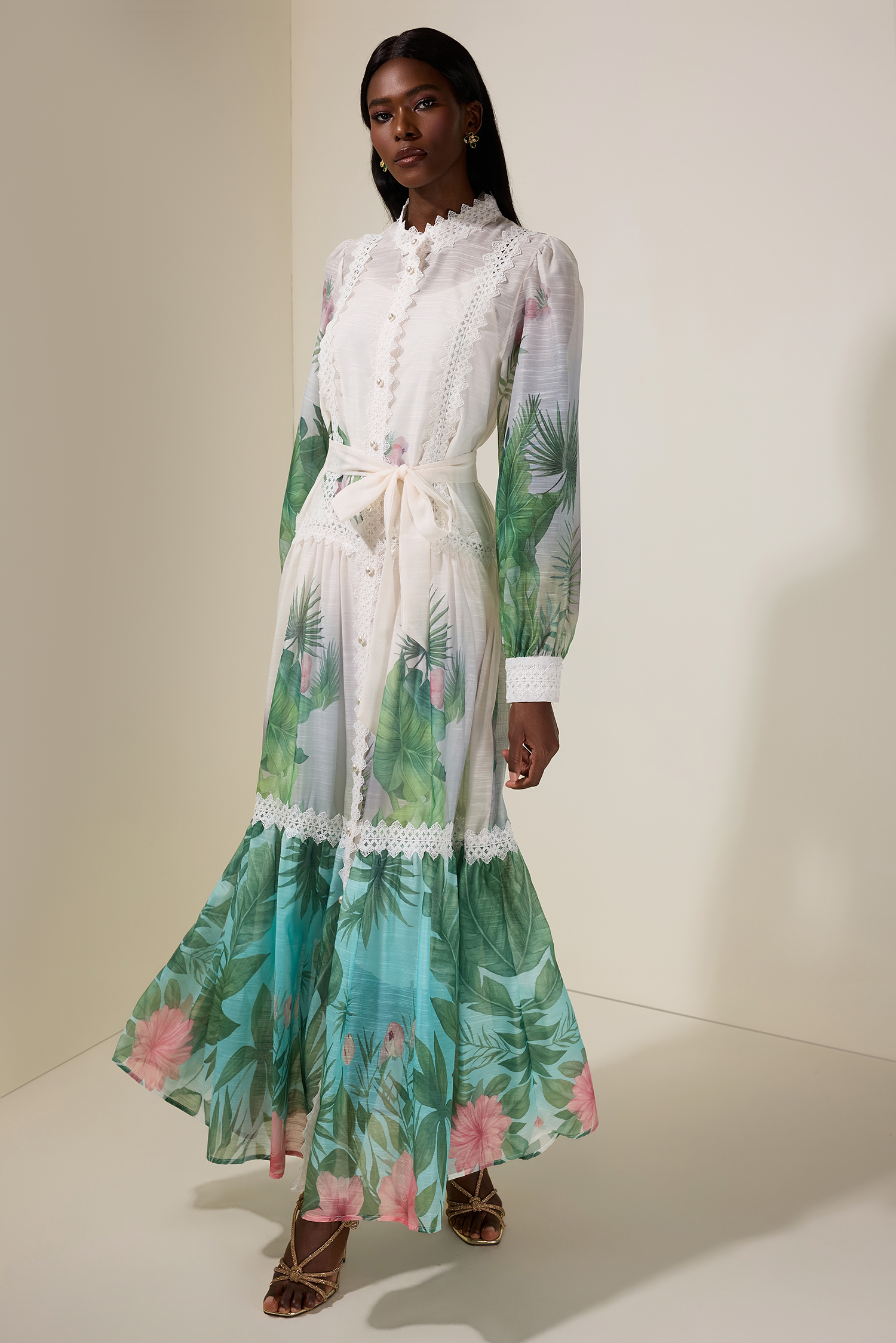 Botanical Print Single Breasted Maxi Dress With Belt