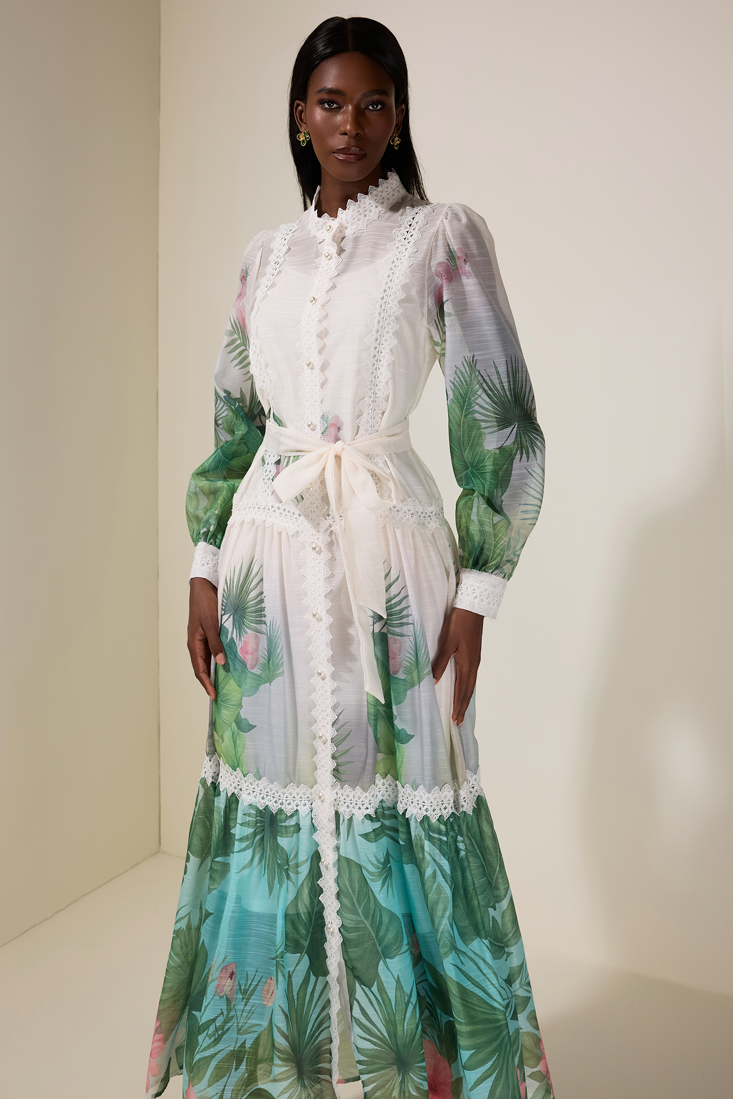 Botanical Print Single Breasted Maxi Dress With Belt