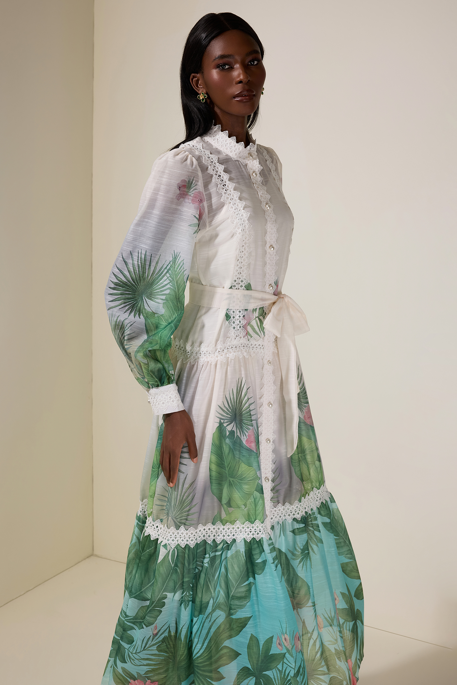 Botanical Print Single Breasted Maxi Dress With Belt