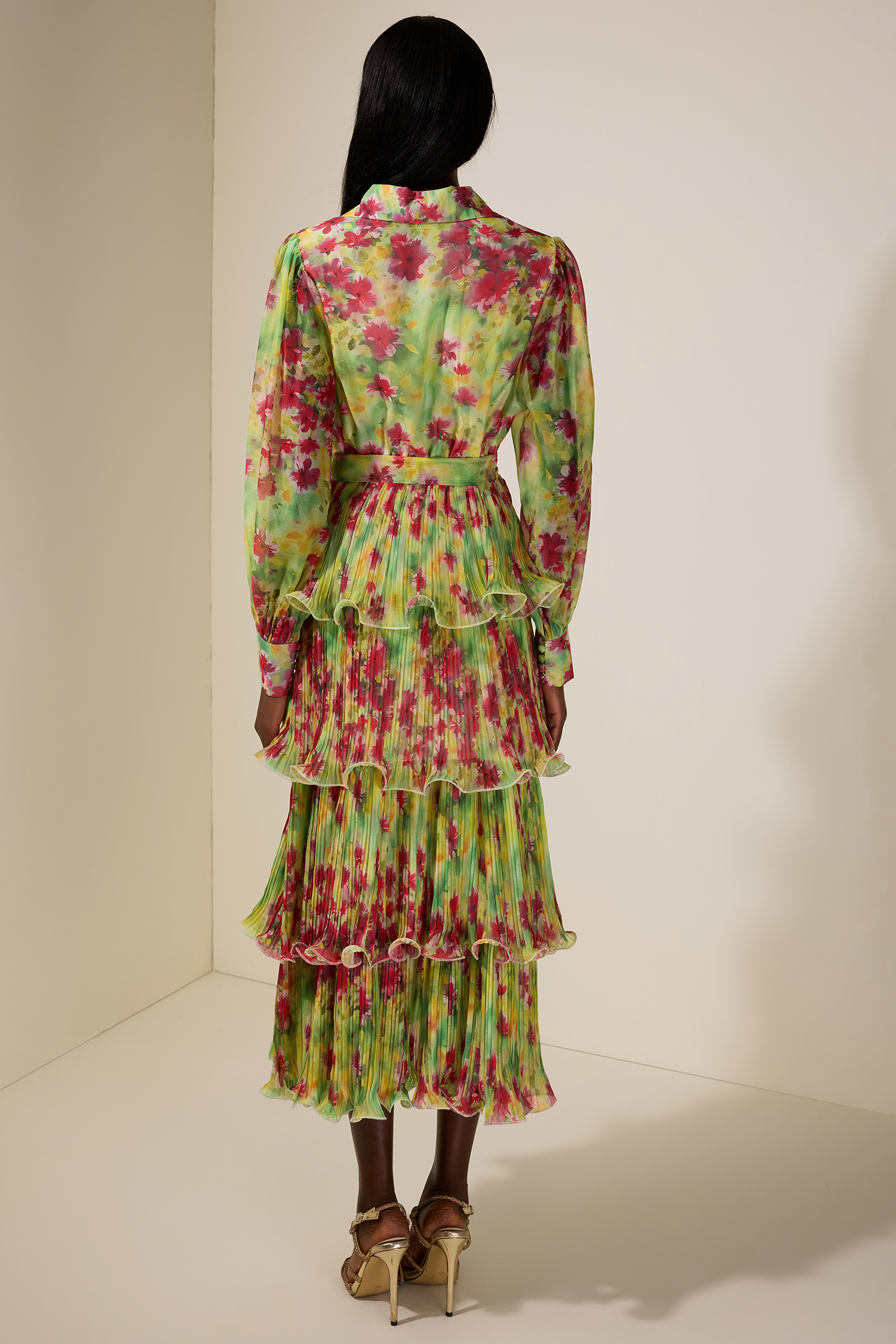 Floral Pleated Ruffle Midi Dress