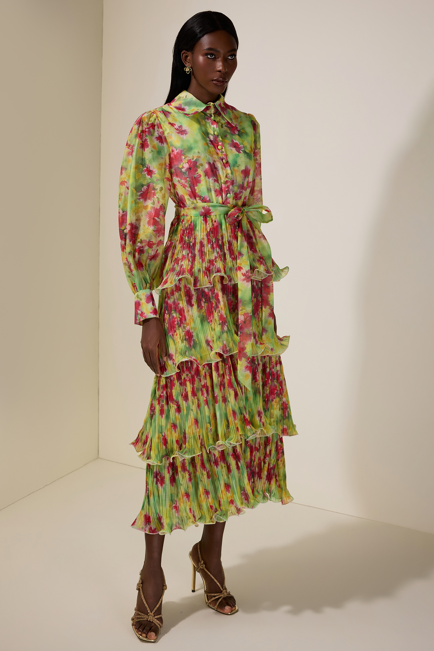 Floral Pleated Ruffle Midi Dress