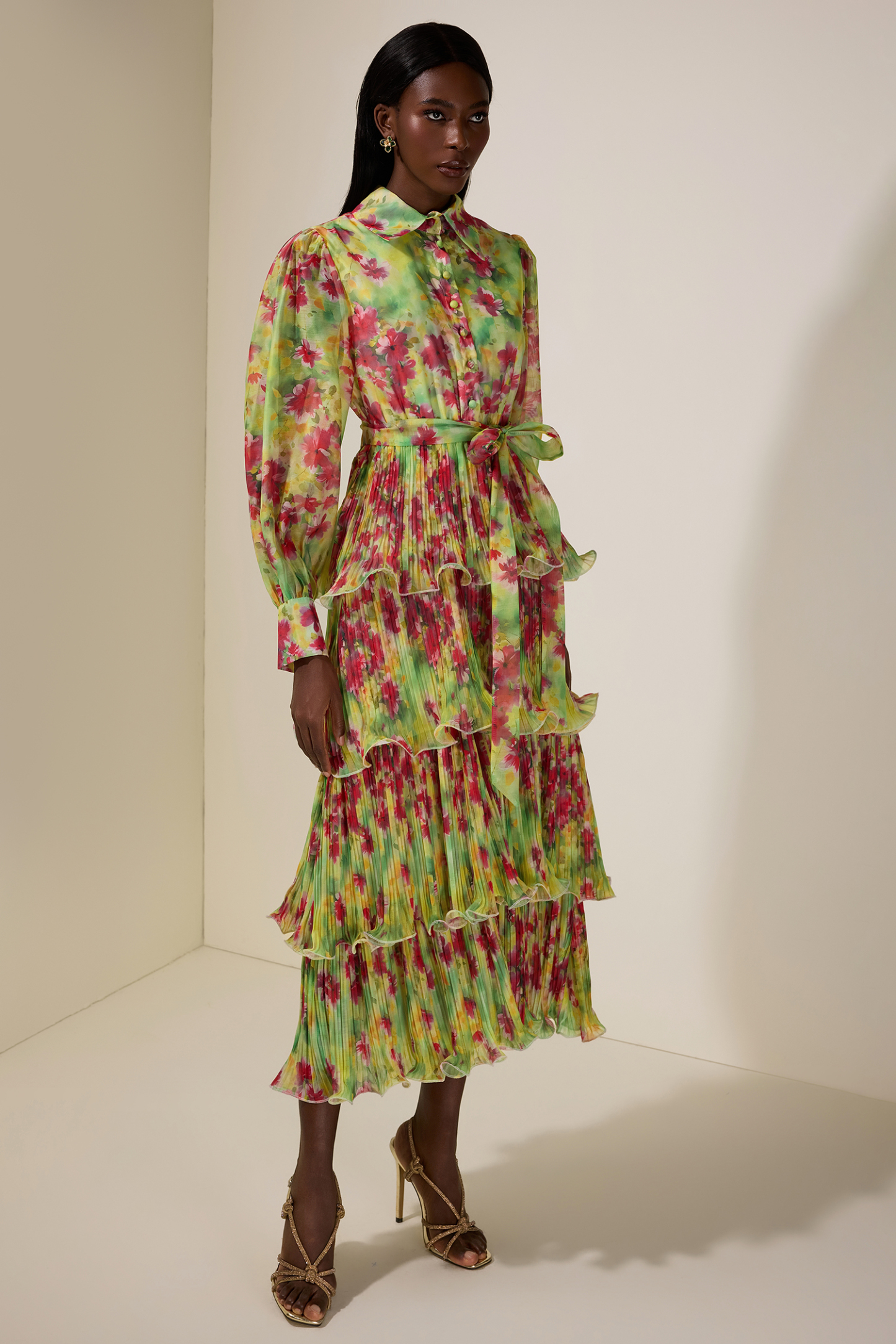 Floral Pleated Ruffle Midi Dress